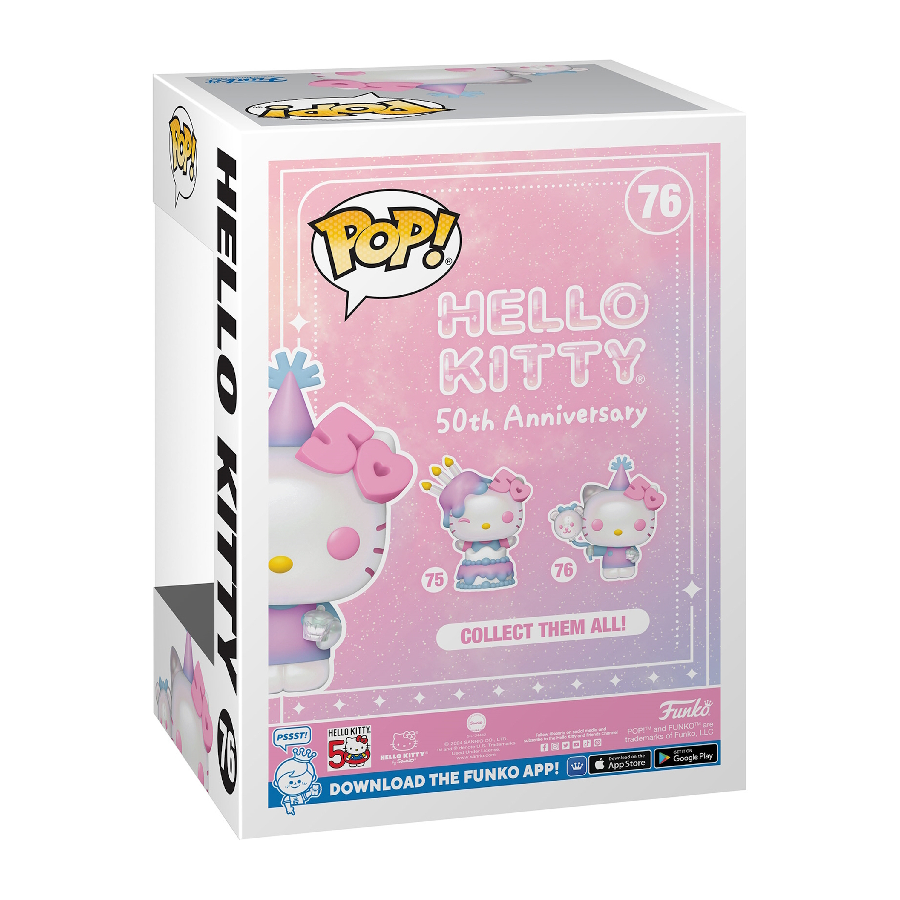 Scatola del 50° anniversario di Hello Kitty. Immagini di figure di Hello Kitty e testo.