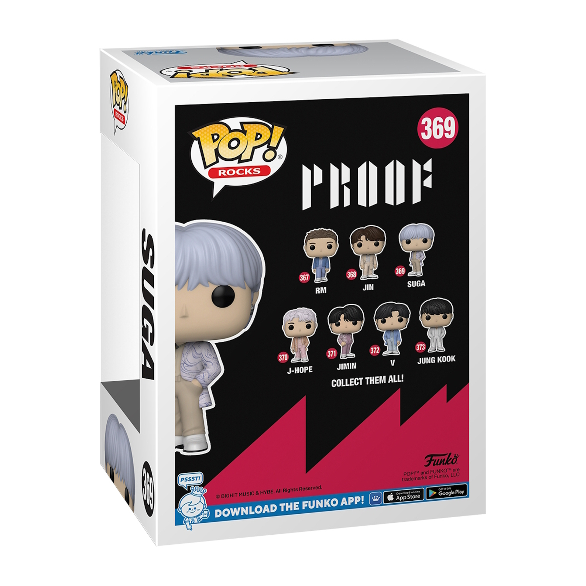 Una caja Funko Pop con el grupo BTS, etiquetada 'PROOF' y varios miembros.