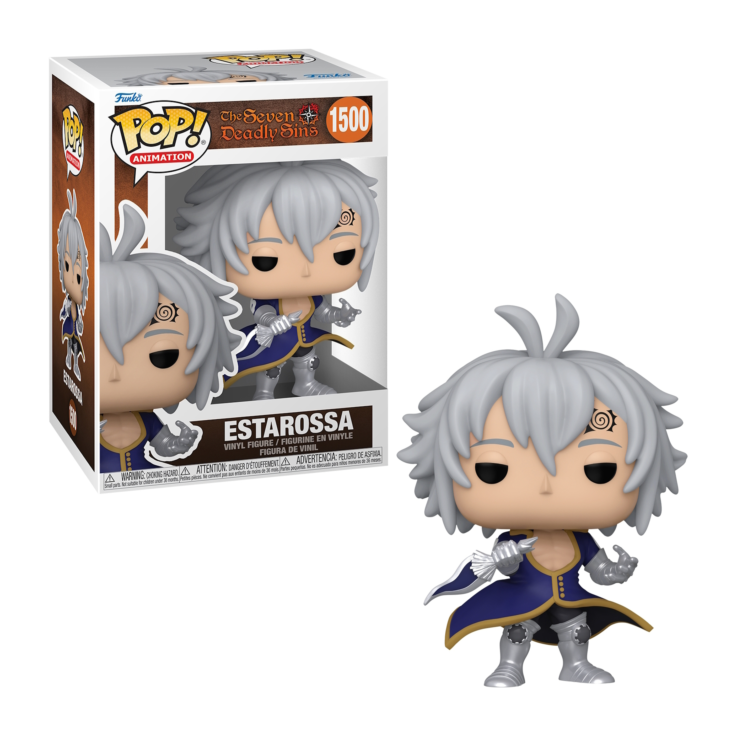 Figurka Funko Pop Estarossy z The Seven Deadly Sins. Jest w niebiesko-białym stroju, z siwymi włosami.