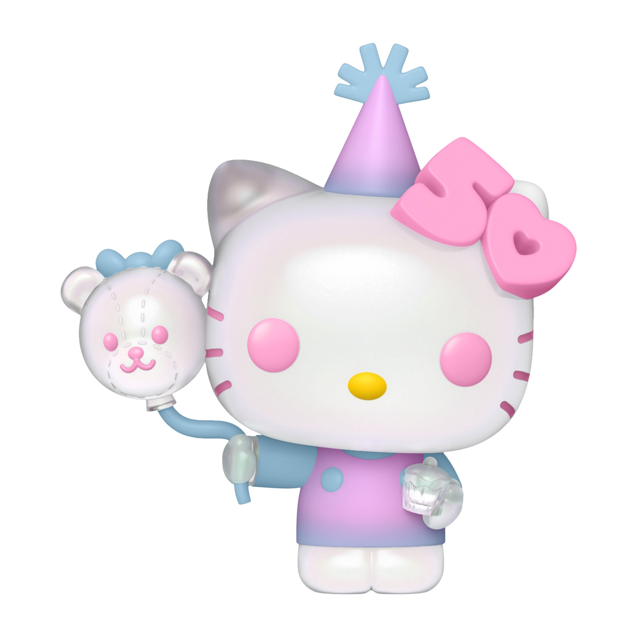 Figura Funko Pop di Hello Kitty. Indossa un cappello da festa e tiene un orsacchiotto. Colori pastello.