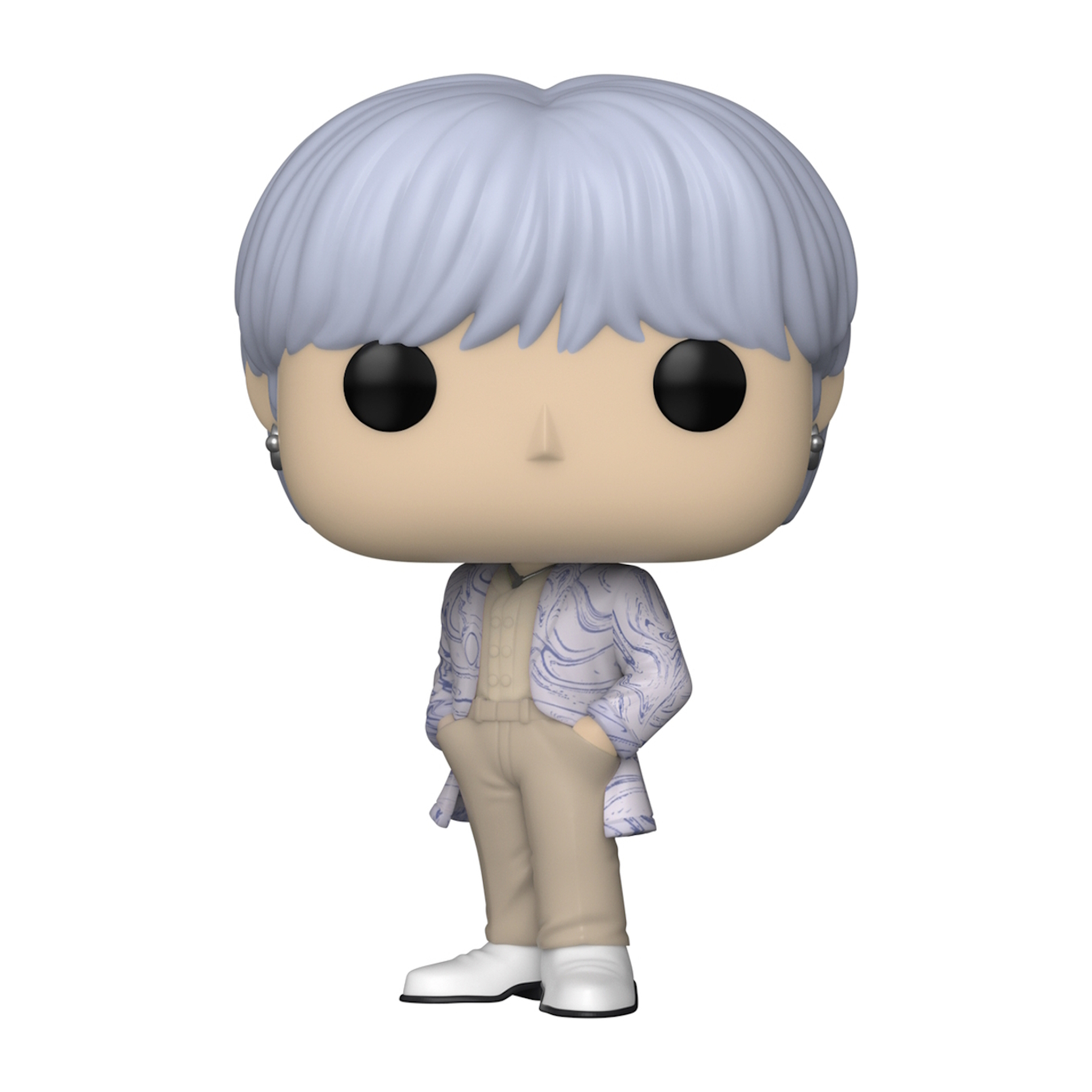 Figura Funko Pop de Suga de BTS, con cabello azul claro y chaqueta estampada.