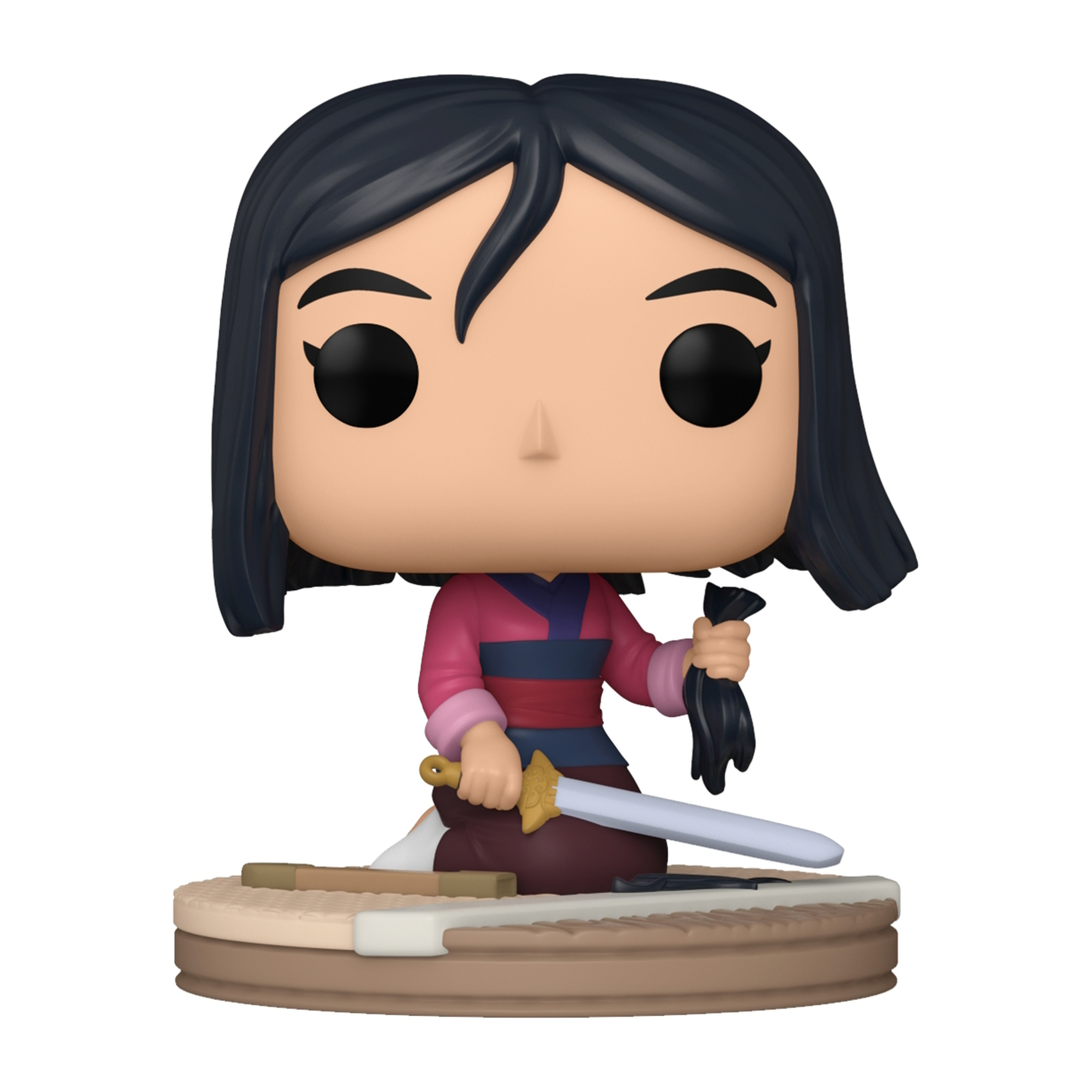 Figura de Mulan sosteniendo una espada y cabello negro, usando una camisa rosa. Fondo: blanco.