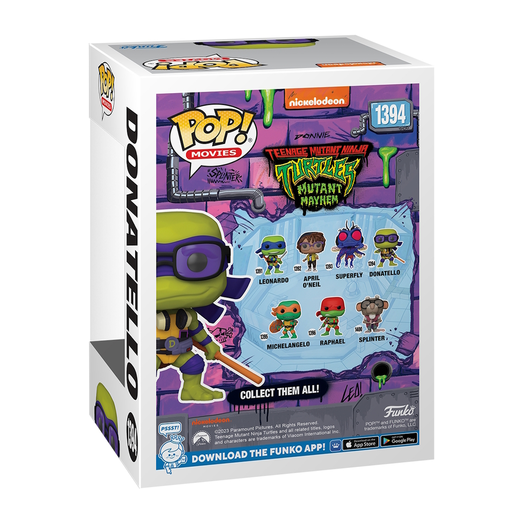 Scatola Funko Pop di Donatello, che mostra varie figure TMNT: Leonardo, April, Superfly, ecc.