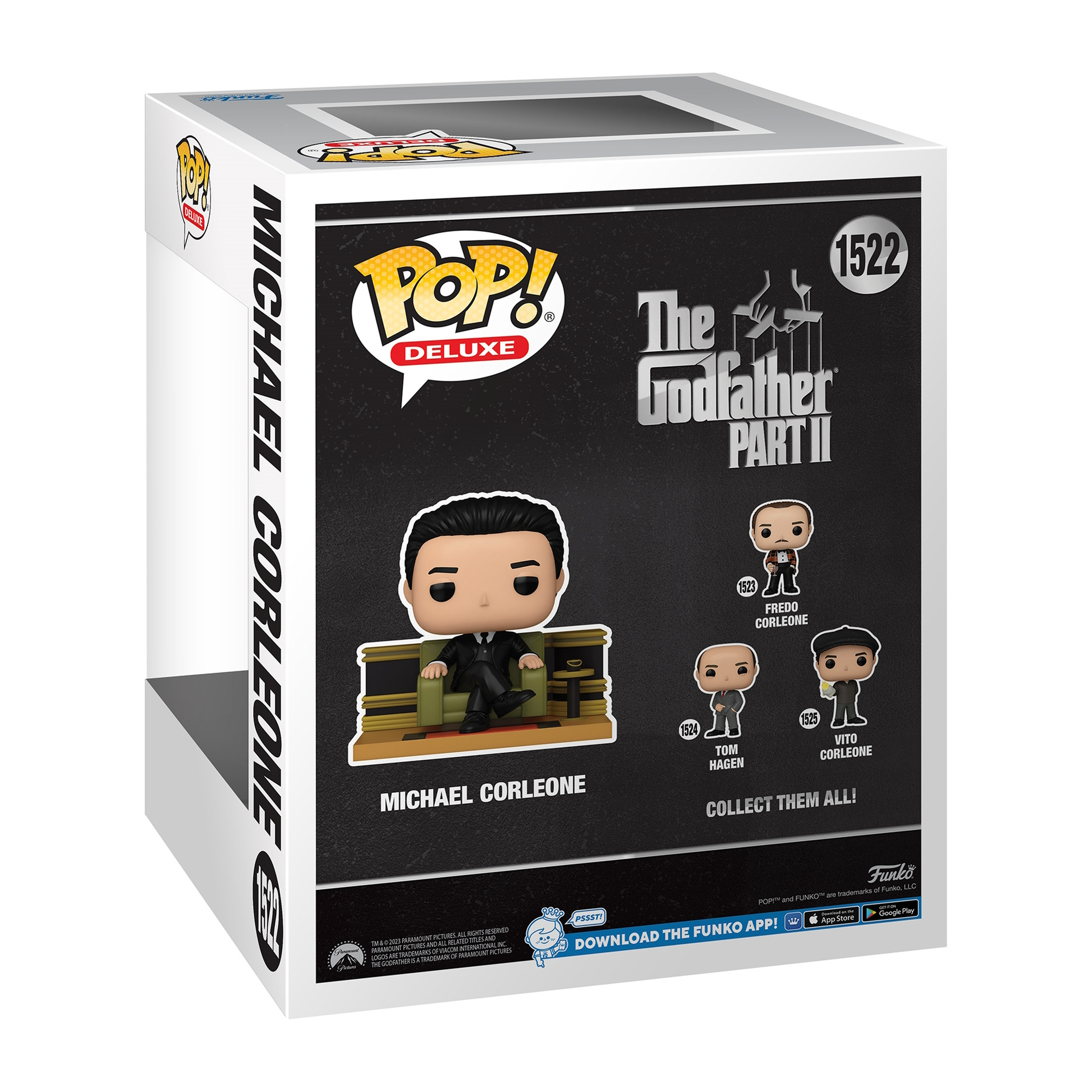 Retro di una scatola Funko Pop con Michael Corleone e altri personaggi del Padrino.