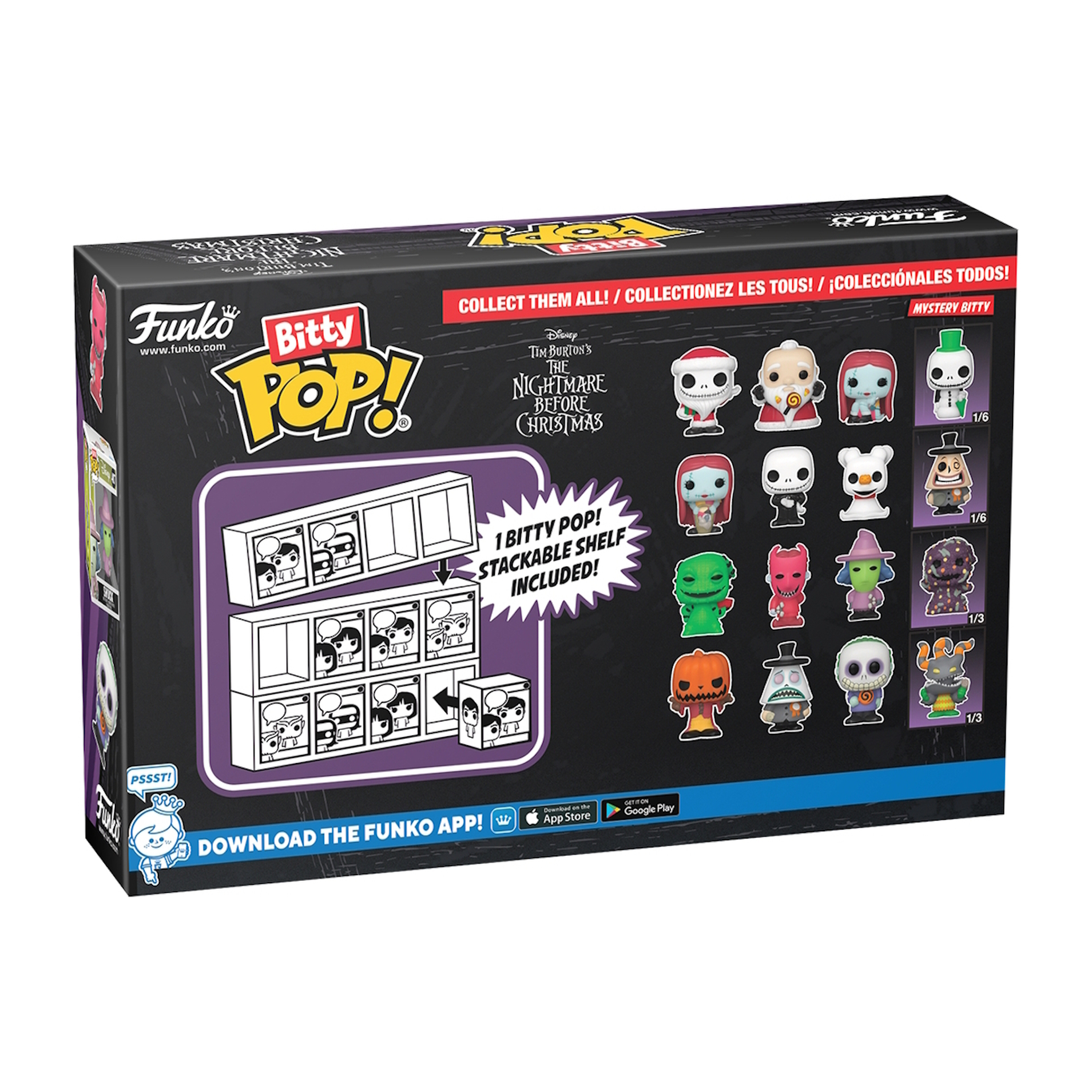 Scatola di personaggi Bitty Pop di The Nightmare Before Christmas. Include uno scaffale e varie figure.