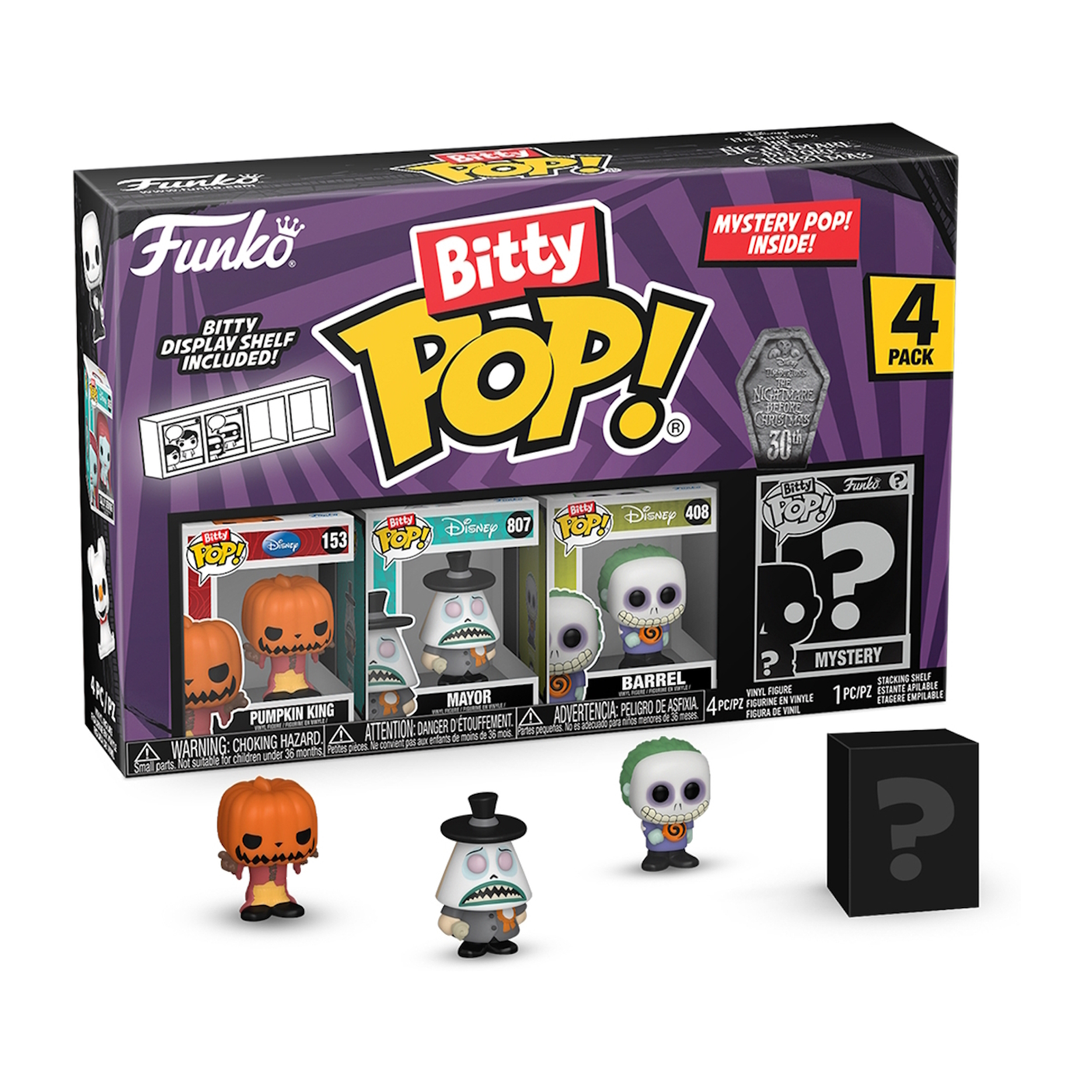 Un set Funko Bitty Pop! con quattro personaggi di Nightmare Before Christmas, tra cui una figura misteriosa.