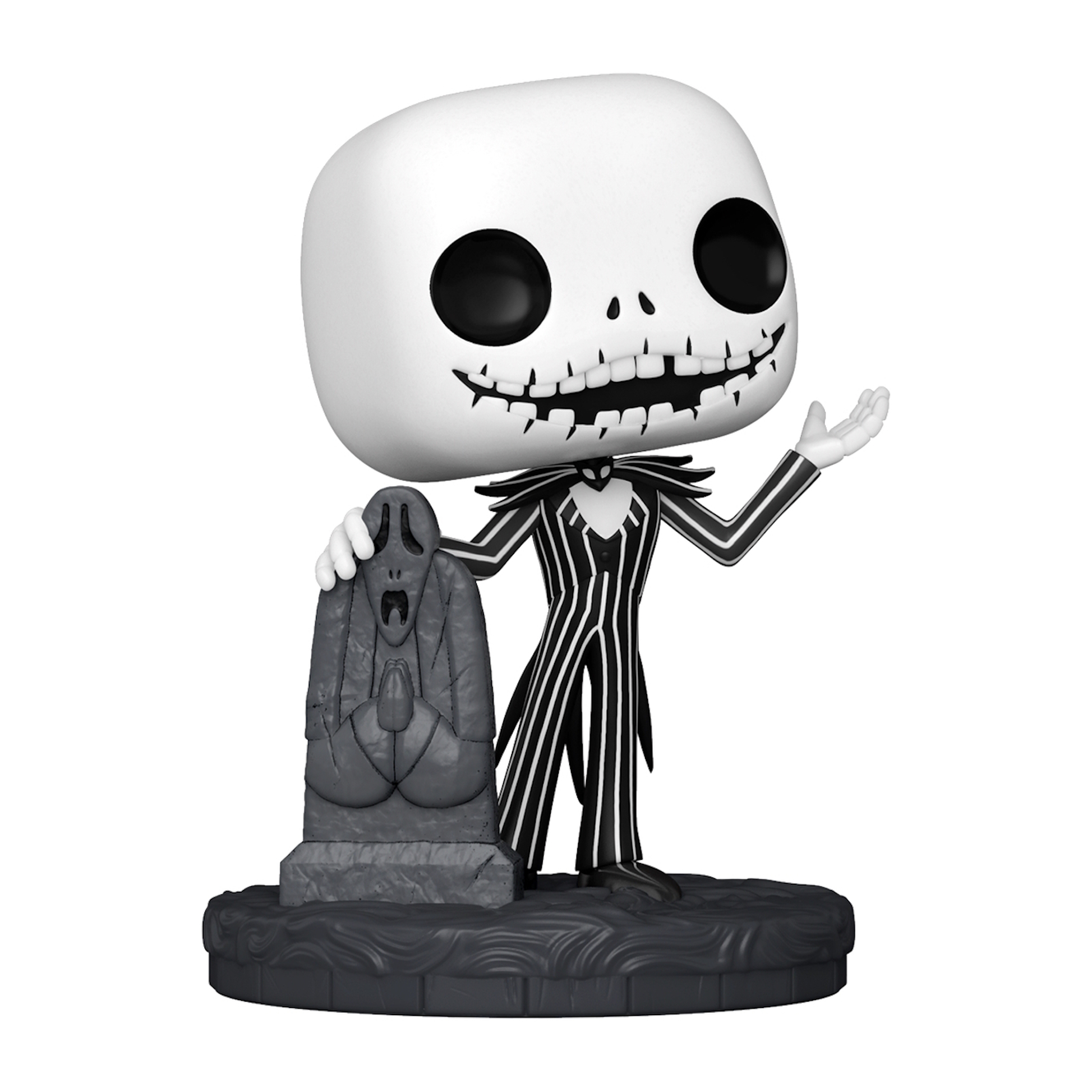 Figura di Jack Skellington con lapide su base nera. Indossa un abito gessato.