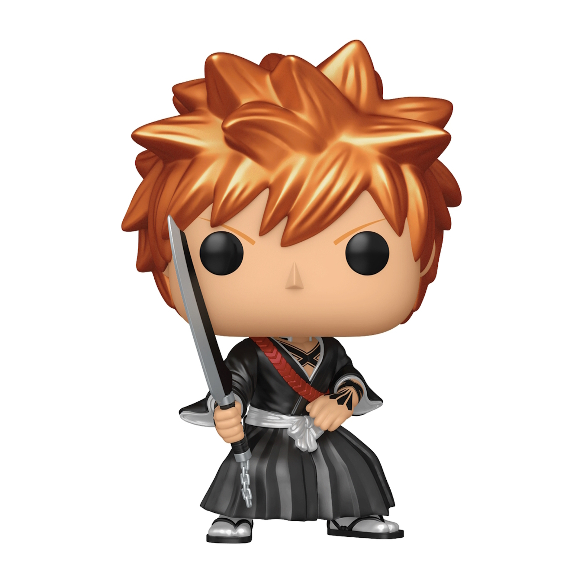 Figura Funko Pop di Ichigo Kurosaki. Capelli arancioni, abito nero, con una spada.