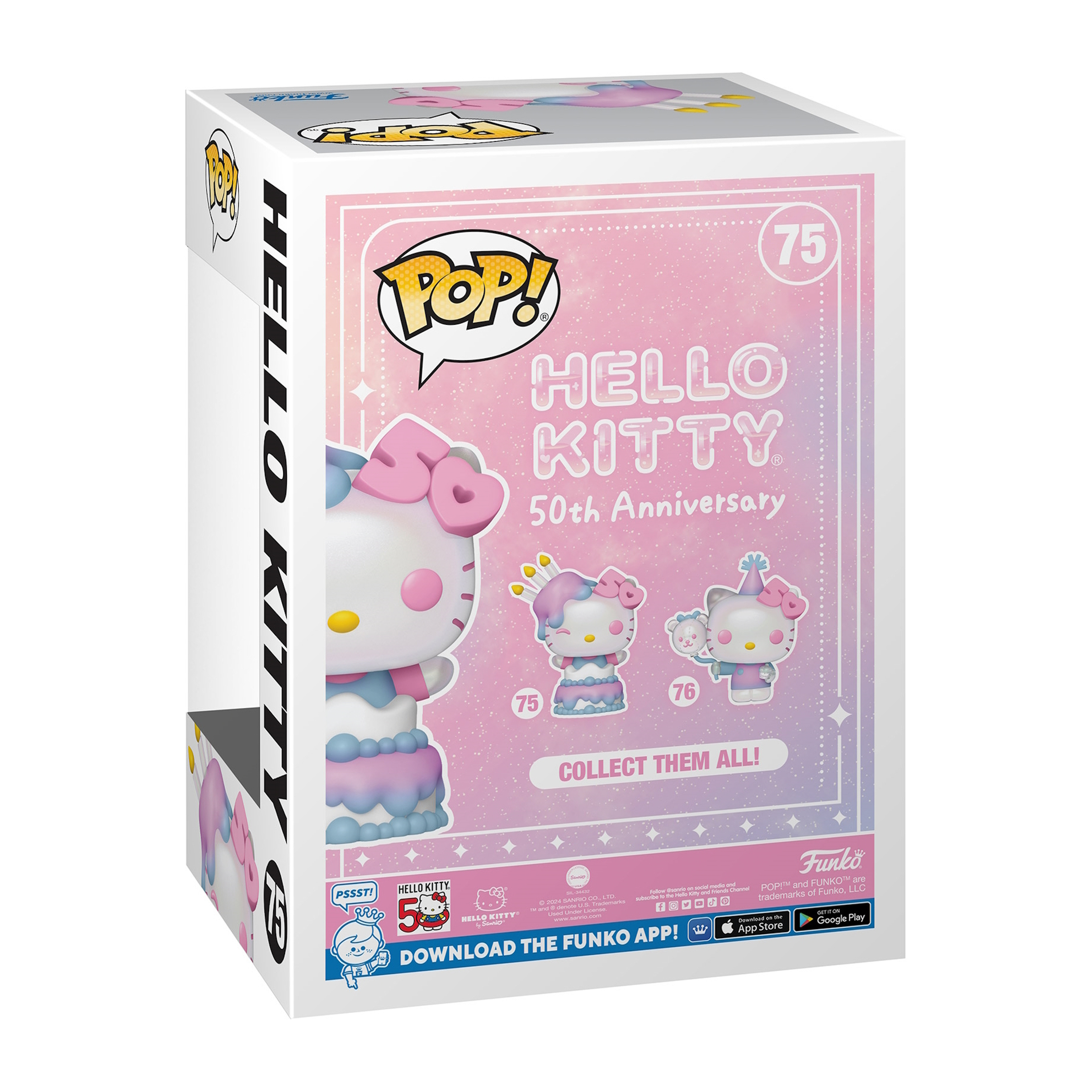 Hello Kitty Box mit Figuren. Weiße Box mit rosa und blauen Akzenten, Bilder von Hello Kitty Figuren.