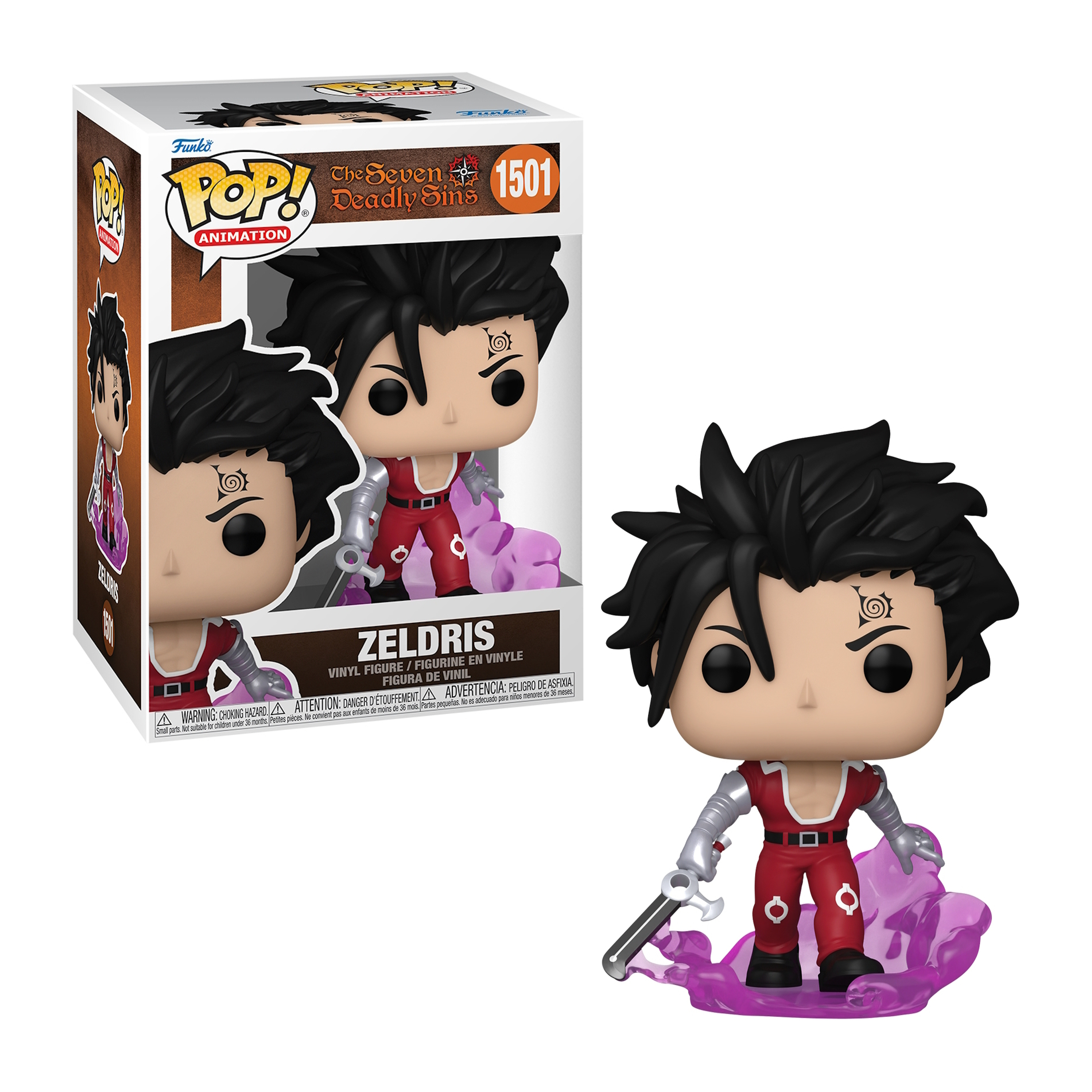 Figurka Zeldrisa z pudełkiem. Czarne włosy, czerwony strój, srebrna broń i fioletowa podstawa. Białe tło.