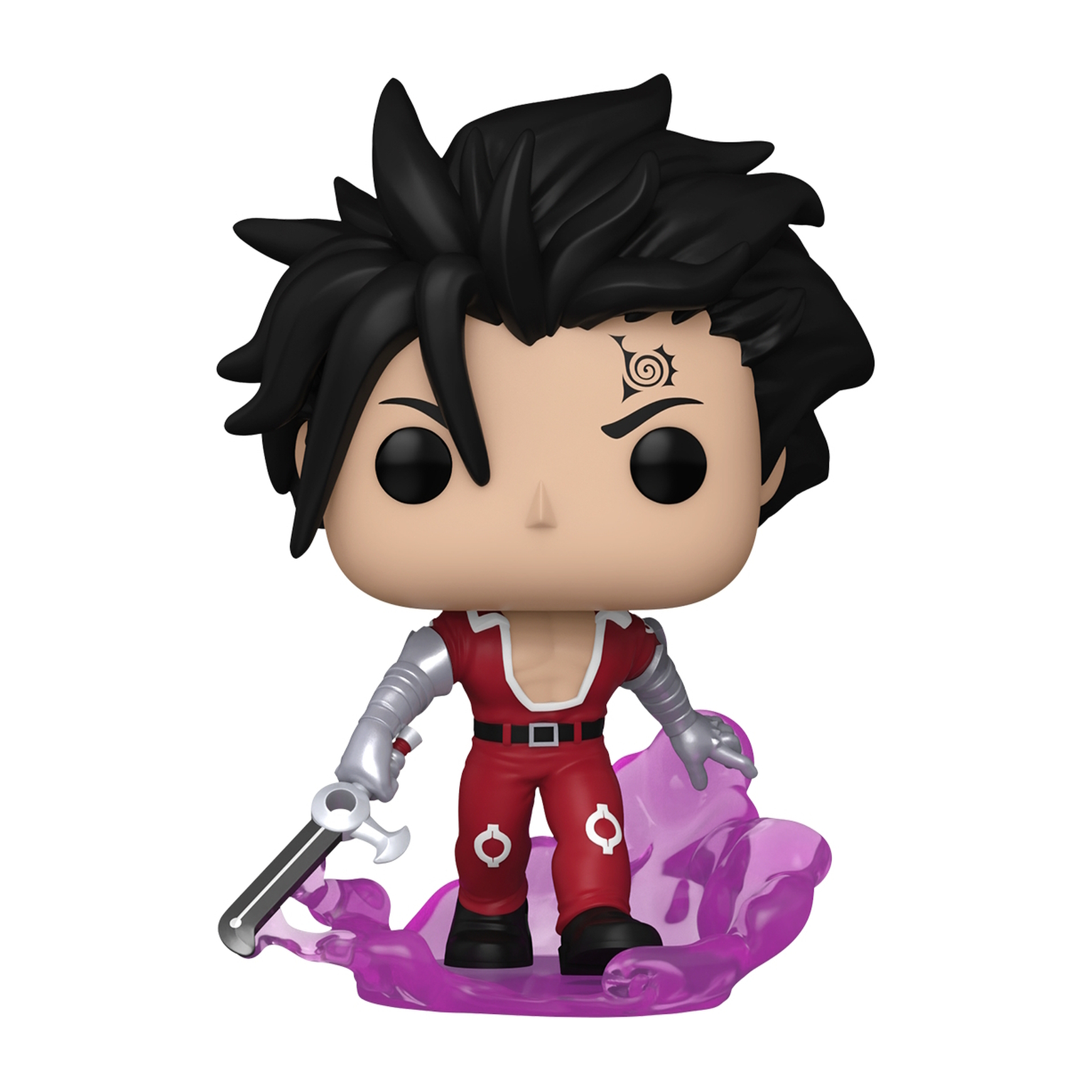 Figurka Funko Pop mężczyzny. Czarne włosy, czerwony strój, trzymający miecz. Fioletowy dym pod spodem.