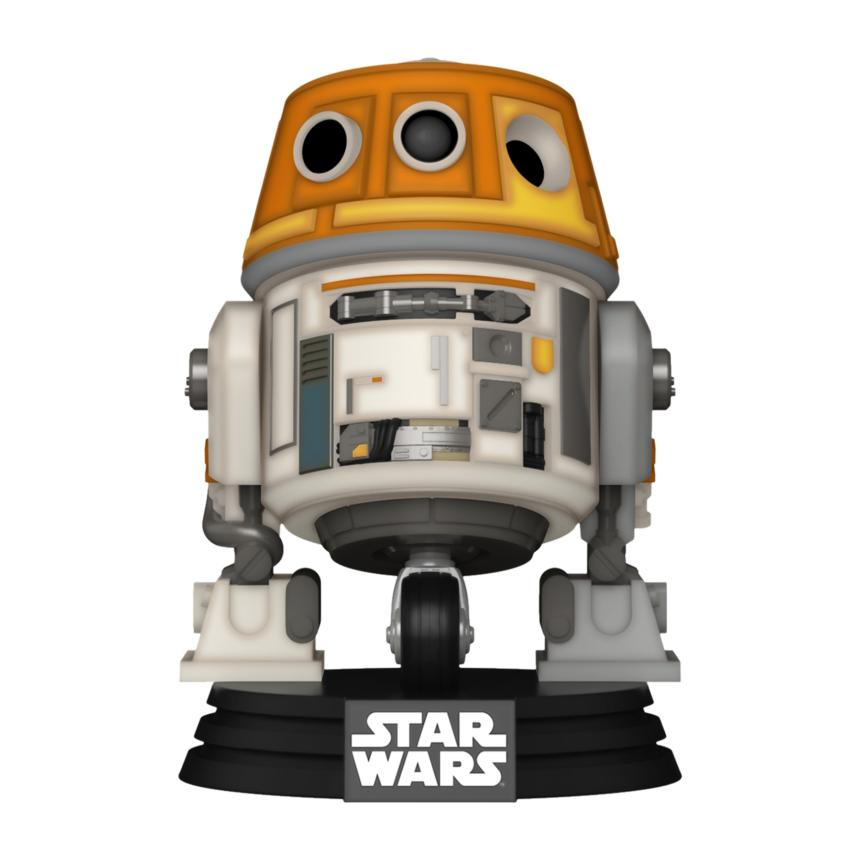 Un juguete de droide de Star Wars, cabeza naranja, cuerpo blanco, base negra con el logo de Star Wars.