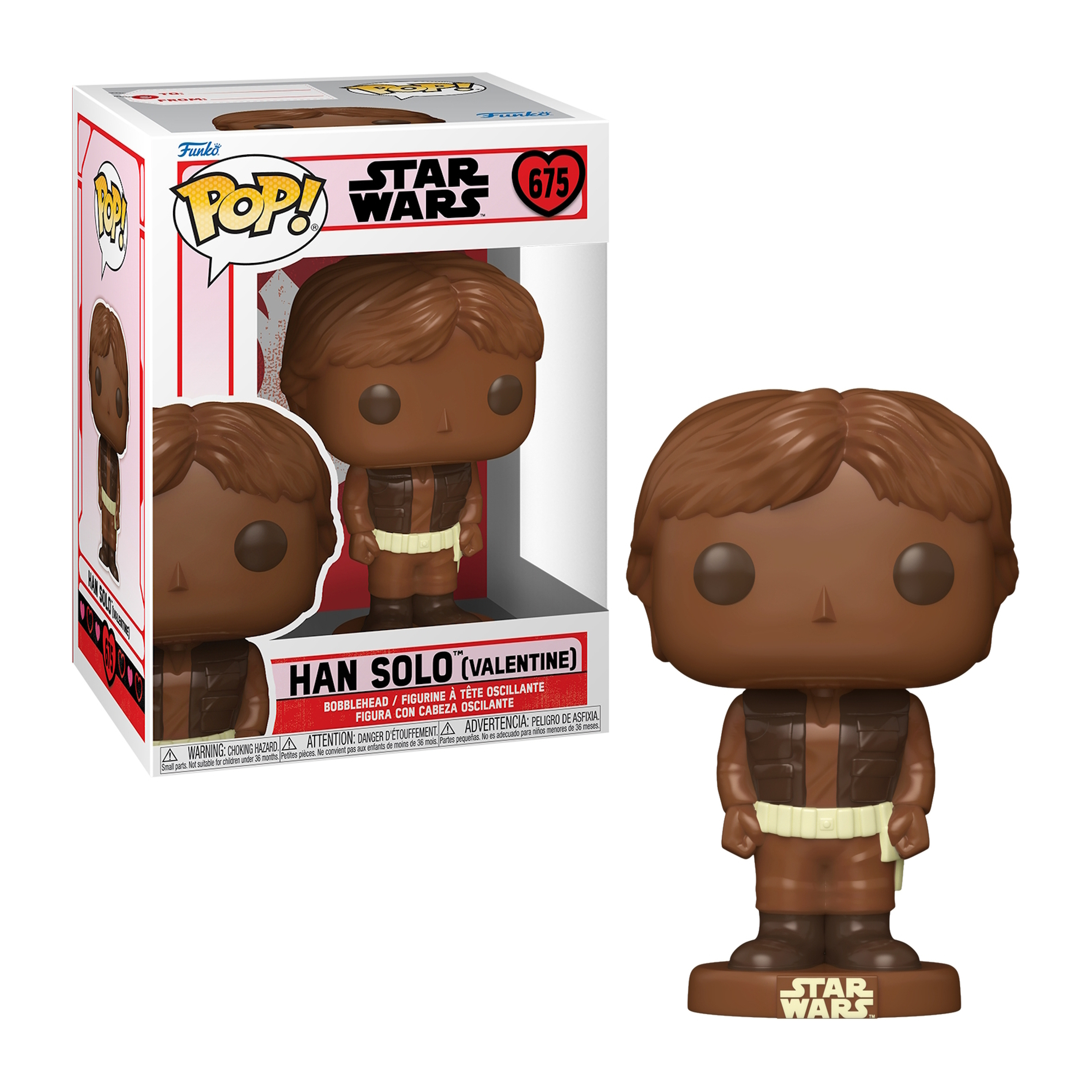 Figura Funko Pop di Han Solo (Valentine). Capelli castani, abito marrone, in una scatola rosso e bianco.