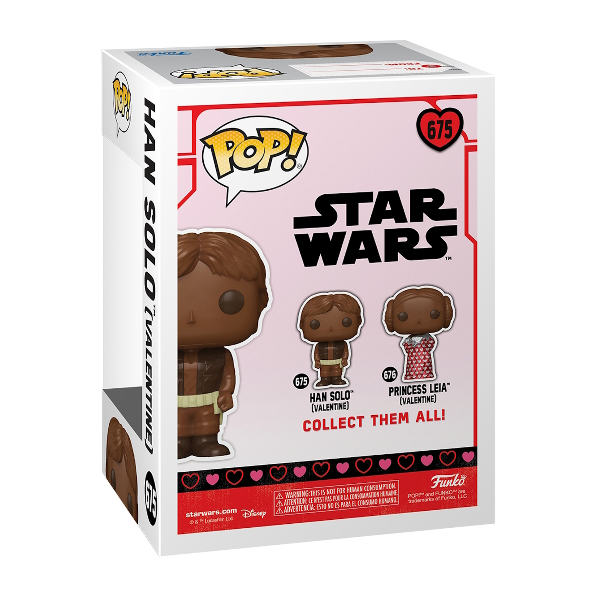 Scatola Funko Pop di Han Solo Valentine. Scatola bianca con dettagli rossi. Statuetta di Han Solo visibile. Marchio Star Wars.
