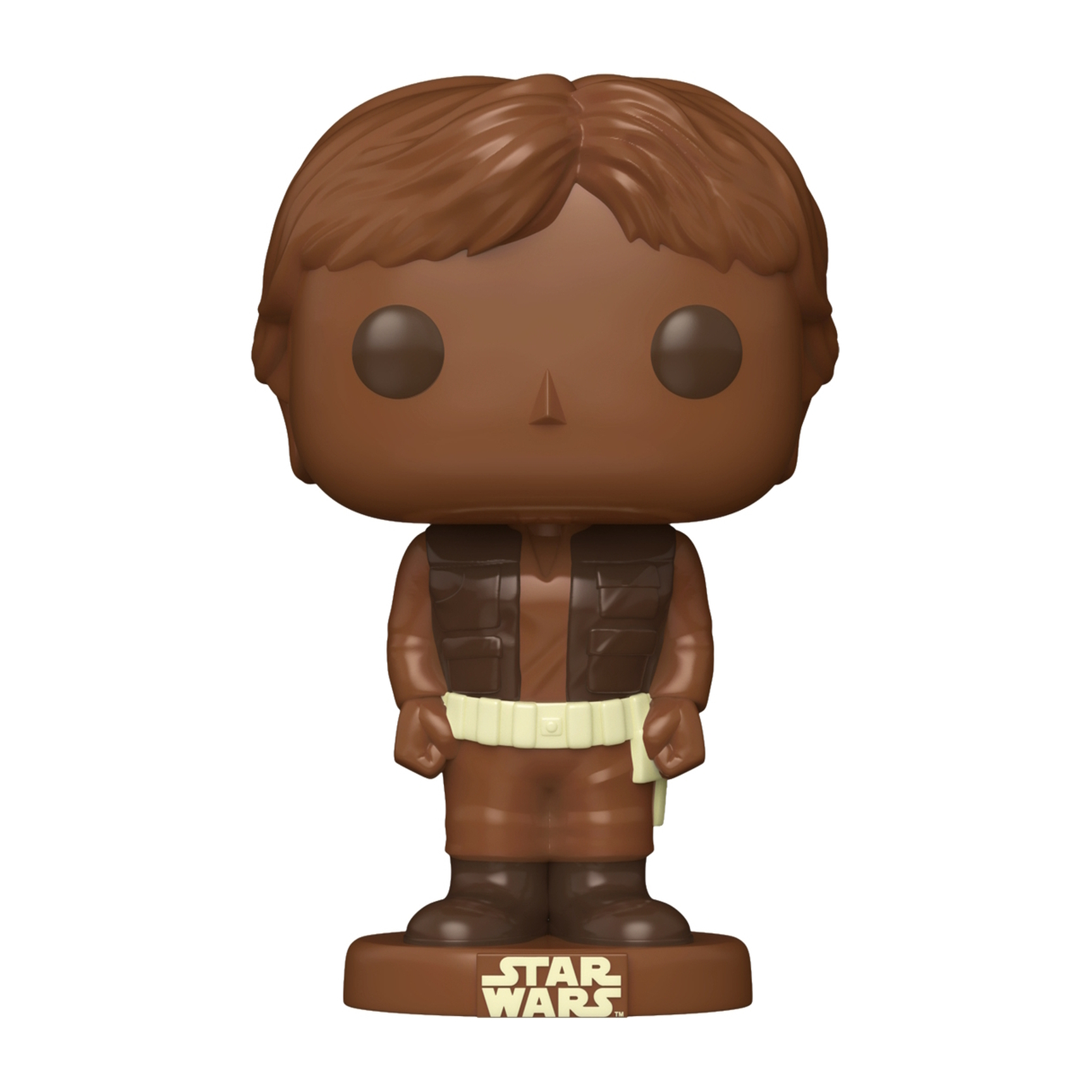 Una figura Funko Pop marrone di Han Solo di Star Wars, su una base con il logo di Star Wars.