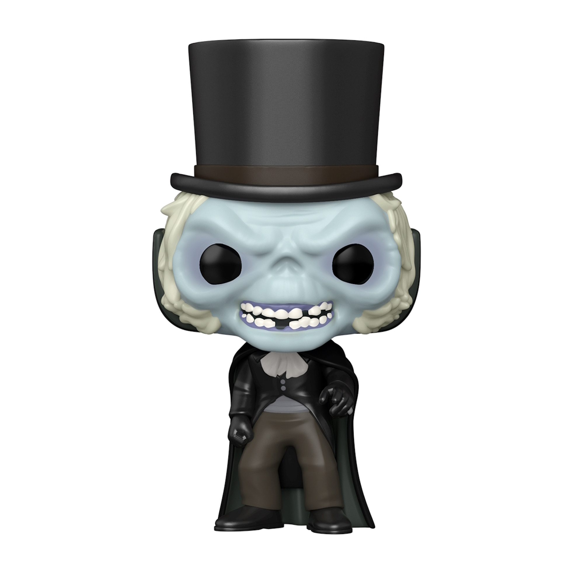 Una figura Funko Pop! del Fantasma Autostoppista di Haunted Mansion. È pallido con un cappello a cilindro nero.