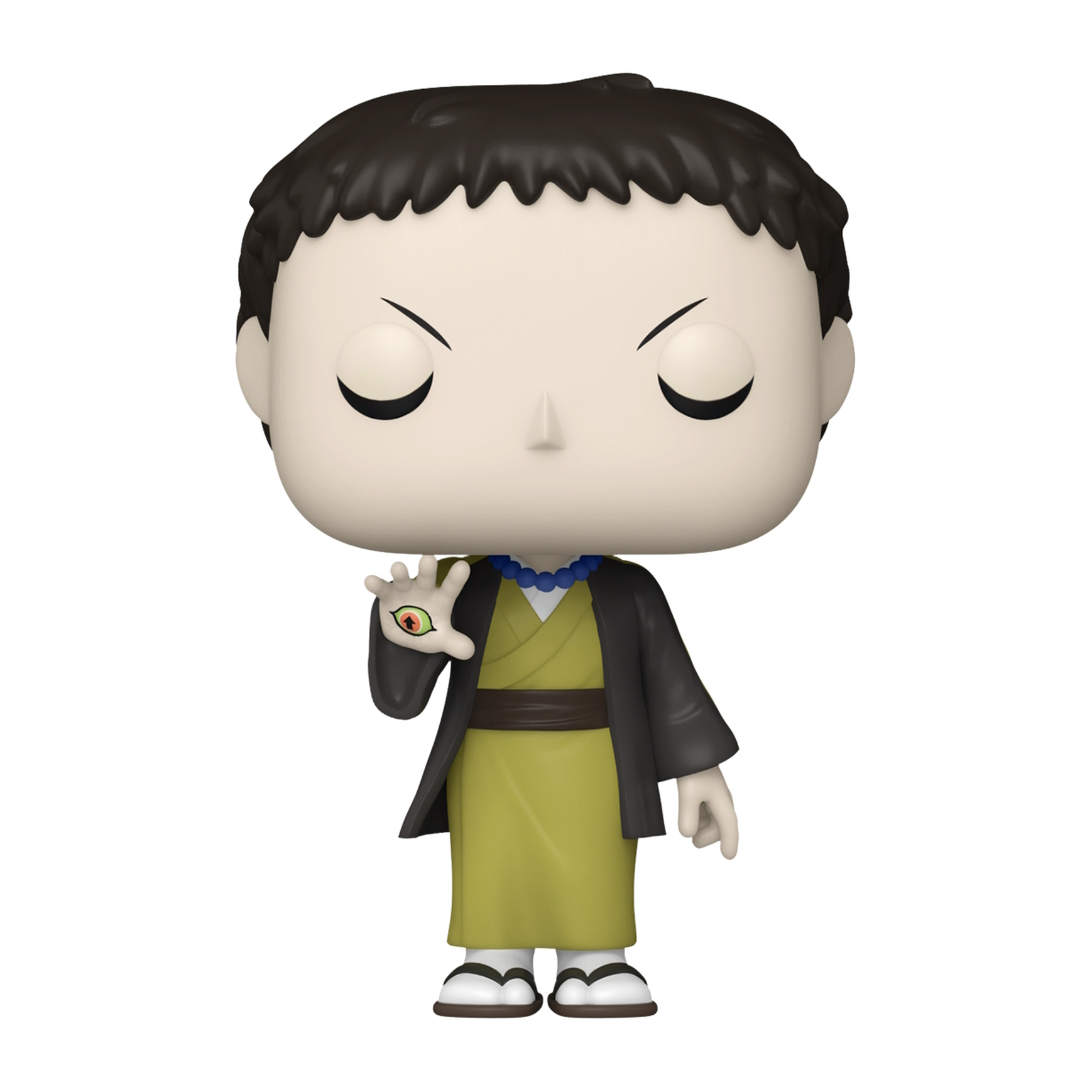 Una figura Funko Pop di un personaggio dei cartoni animati con gli occhi chiusi, che alza una mano con un disegno a forma di occhio.