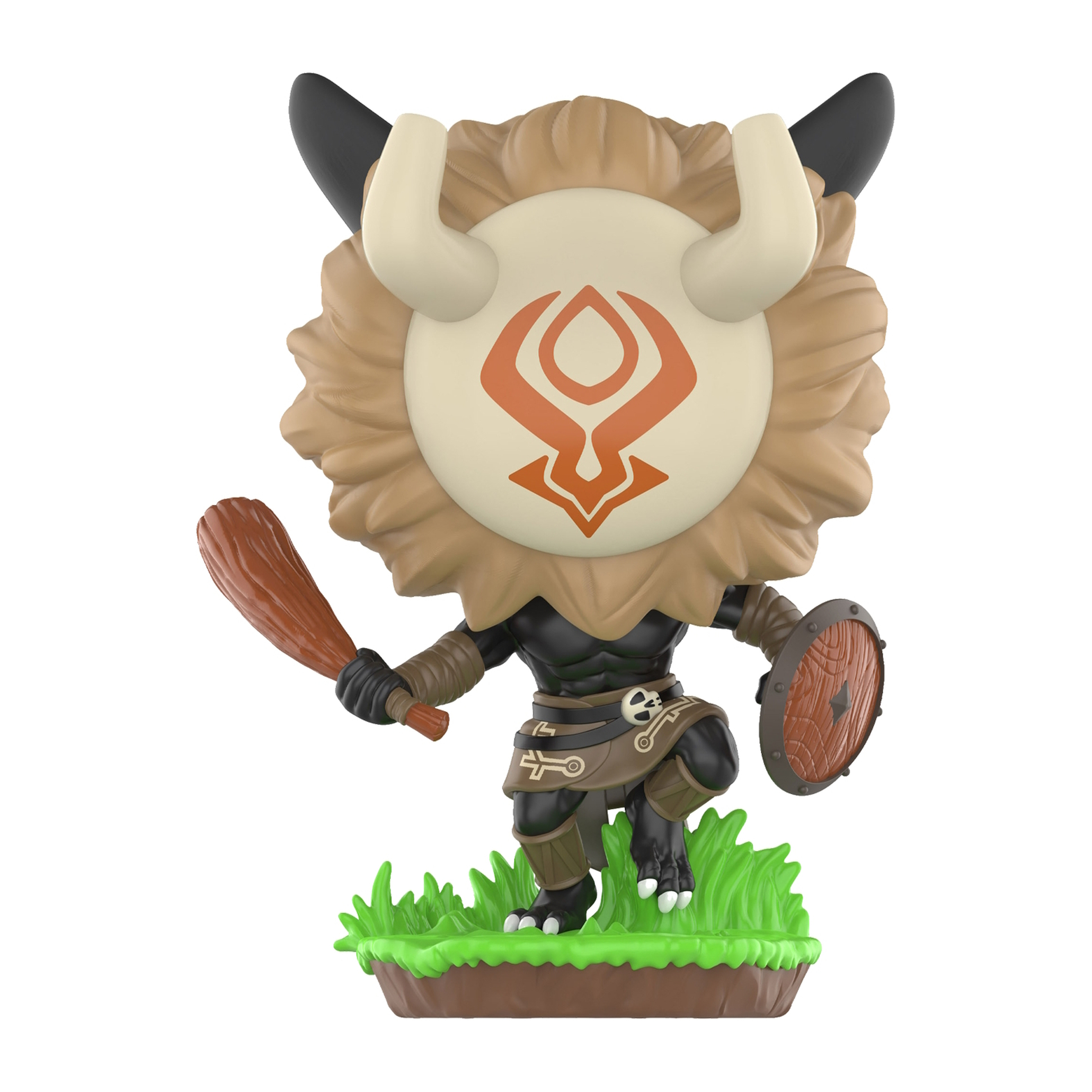 Una figura Funko Pop di una creatura con corna, una clava e uno scudo sull'erba.