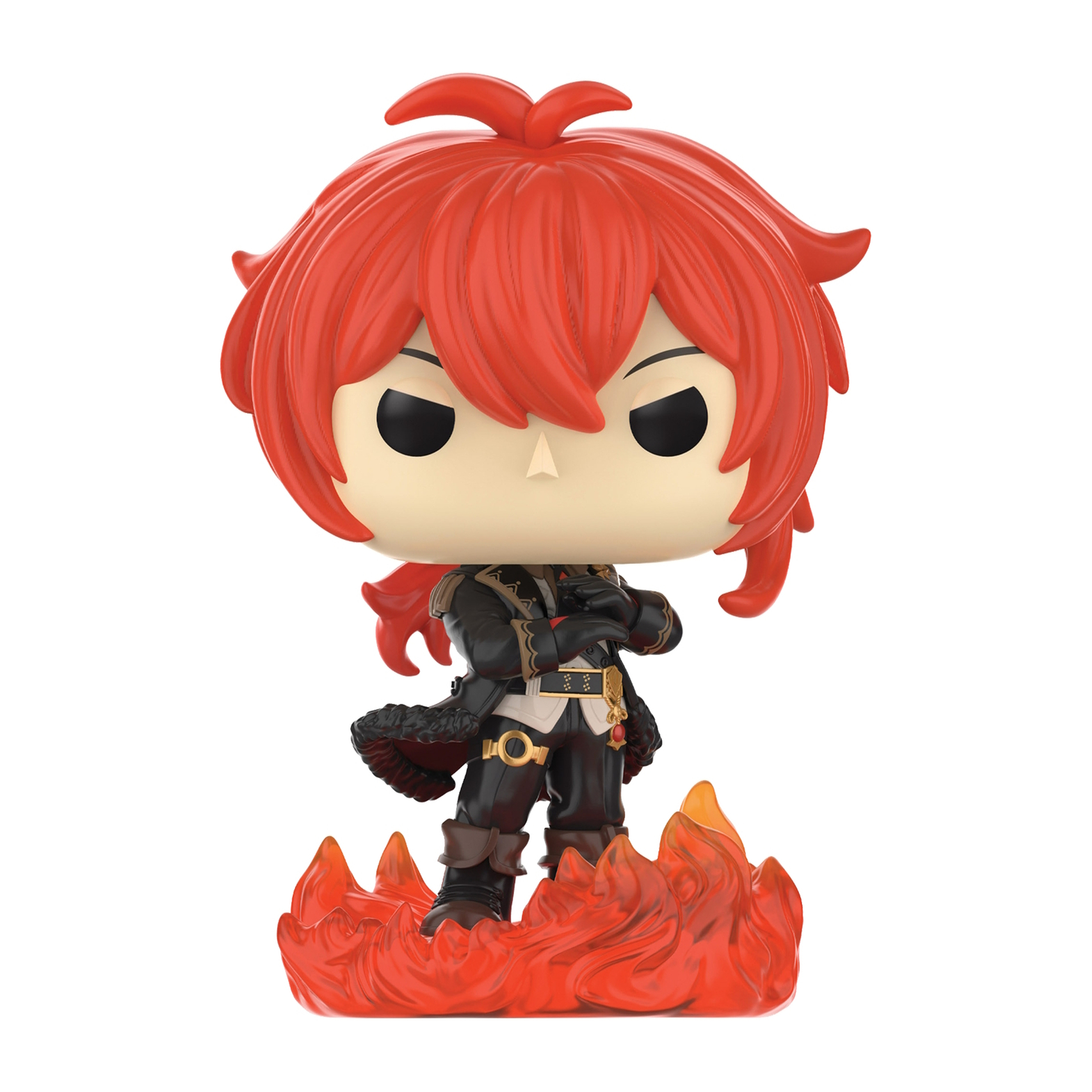 Una statuetta Funko Pop di un personaggio con capelli rossi e abito nero, in piedi sul fuoco.