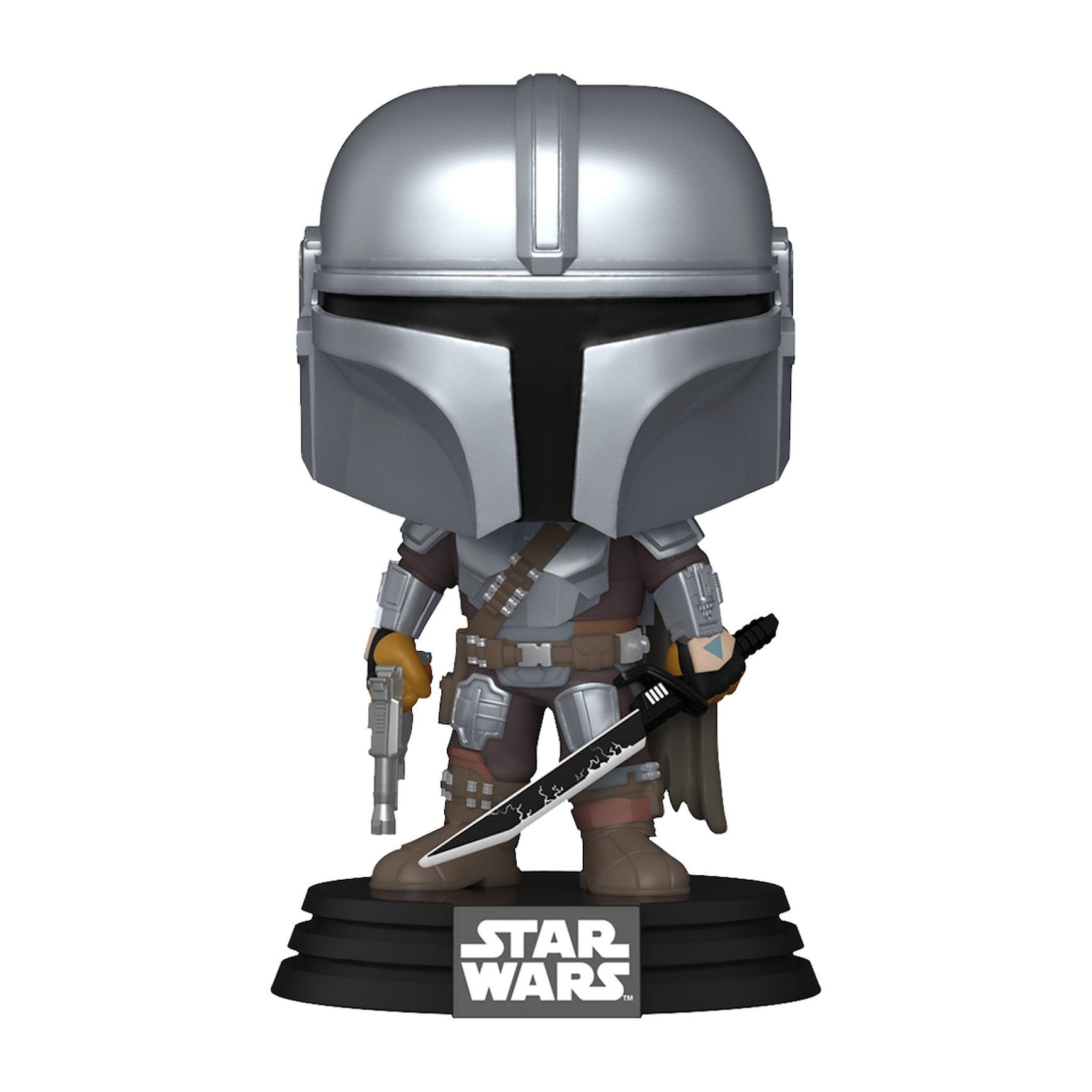 Figura Funko Pop del Mandaloriano. Armadura plateada, empuñando un arma y un bláster. Base de Star Wars.