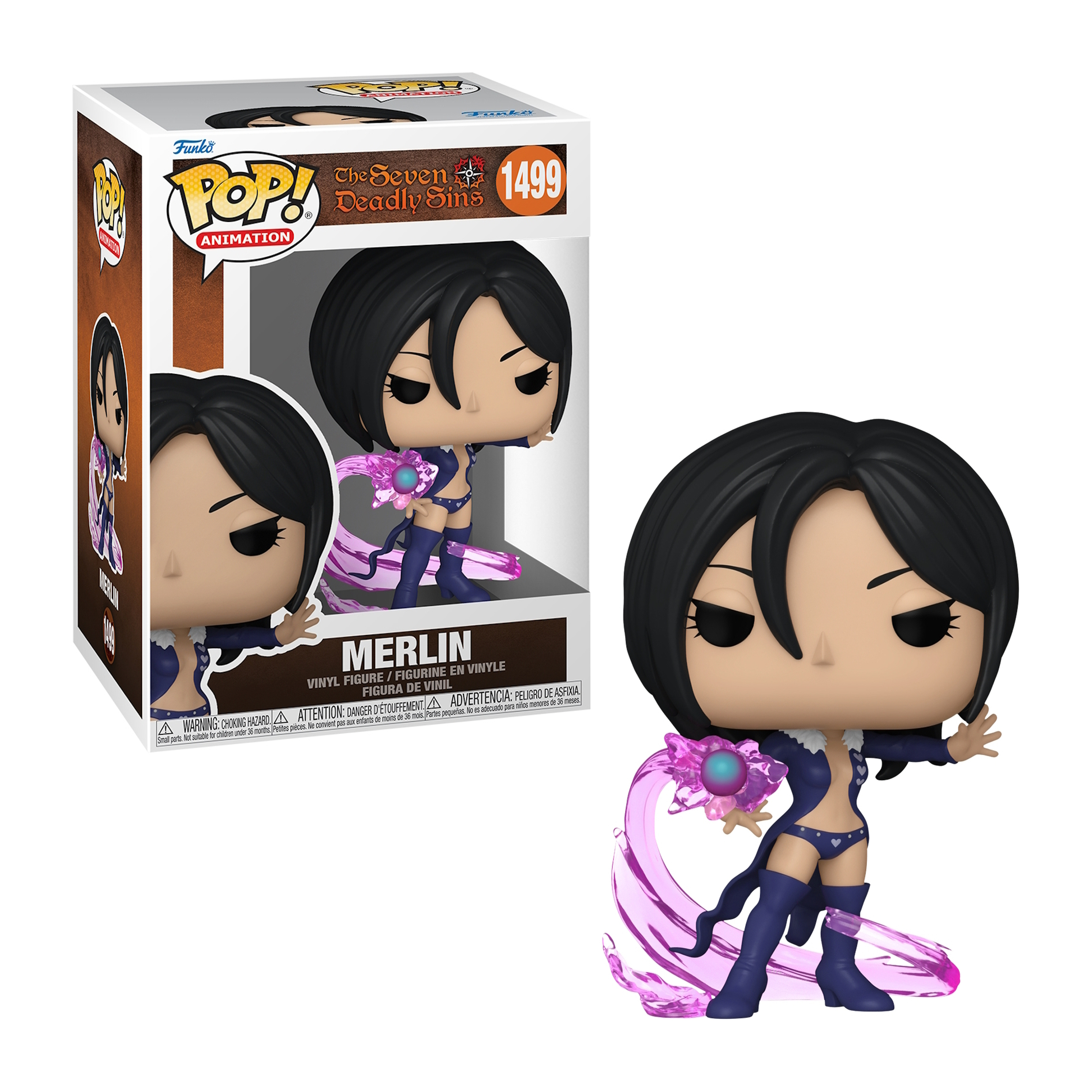 Figurka Funko Pop Merlina z pudełkiem. Fioletowy strój, trzymający magiczną kulę.