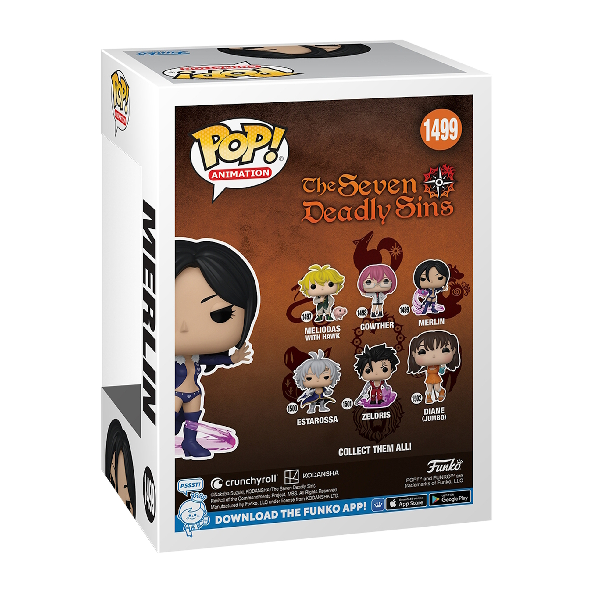 Pudełko Funko Pop Siedmiu Grzechów Głównych. Tył pudełka pokazuje wiele postaci. Merlin, Gowther i inni.