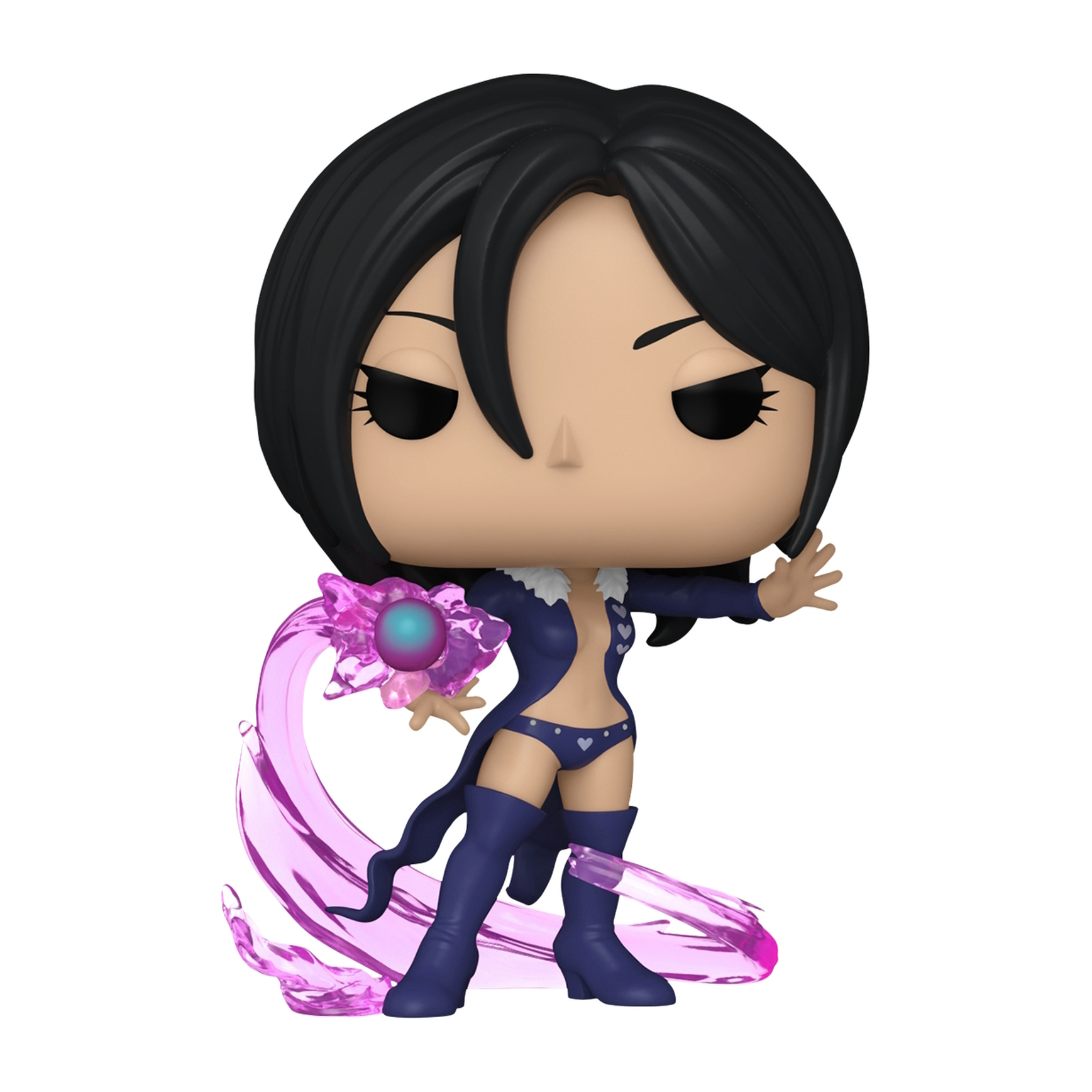 Figurka Funko Pop Merlina z The Seven Deadly Sins. Jest w niebieskim z różowym efektem magii. Białe tło.