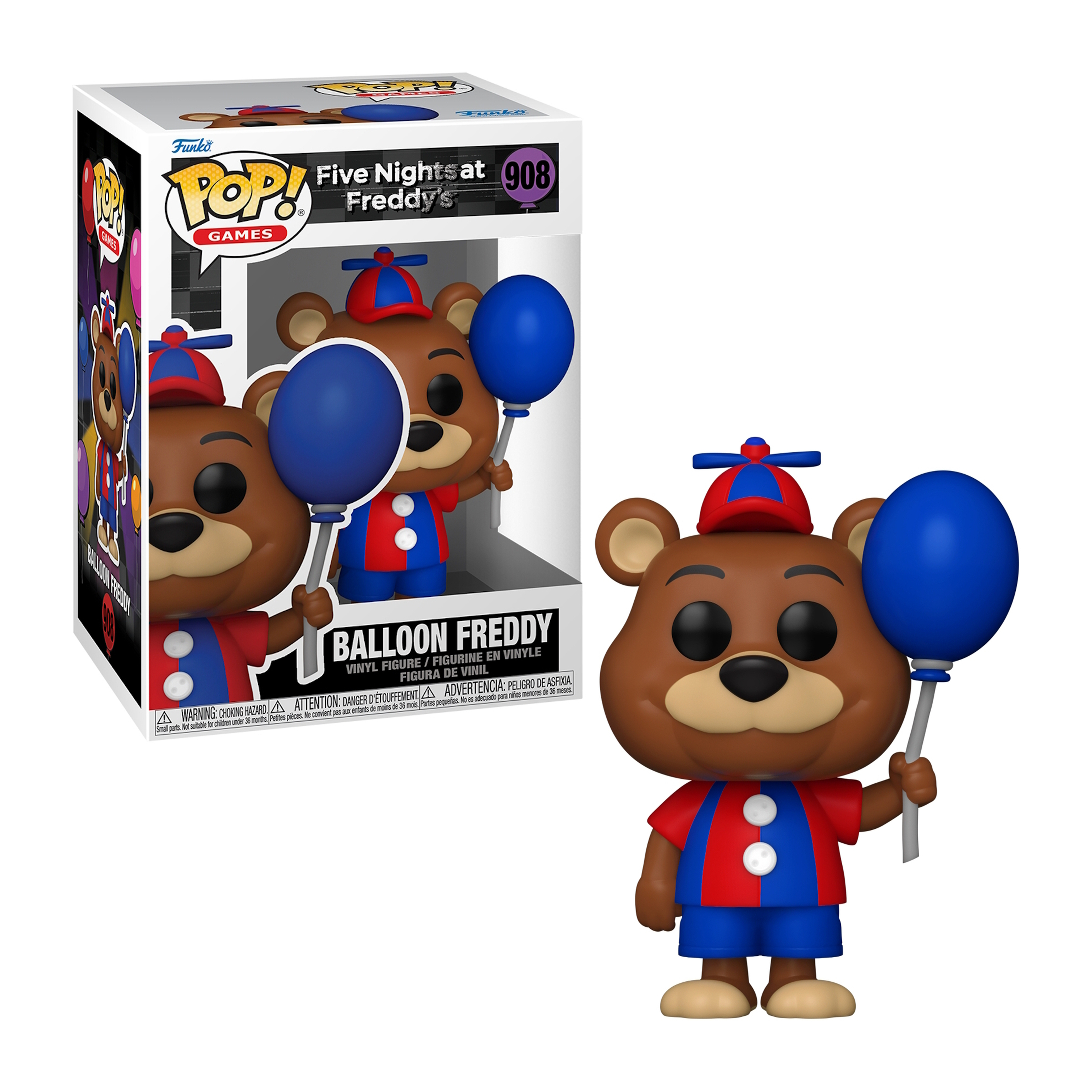 Figurka Balloon Freddy Funko Pop z pudełkiem. Brązowy miś z niebieskim balonem i czapką, w czerwono-niebieskim stroju.