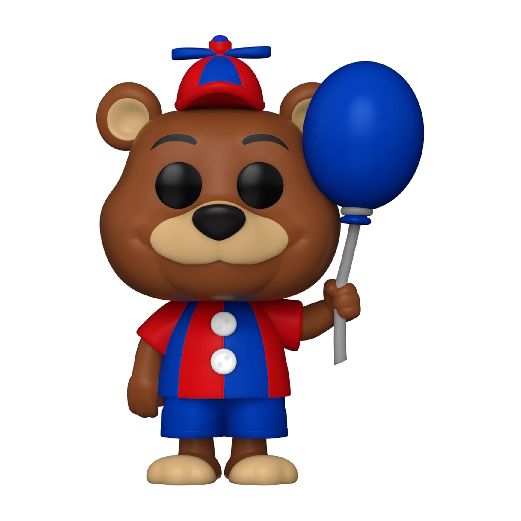 Freddy Bear Funko Pop. Nosi niebiesko-czerwony strój, trzyma niebieski balon i ma kapelusz.