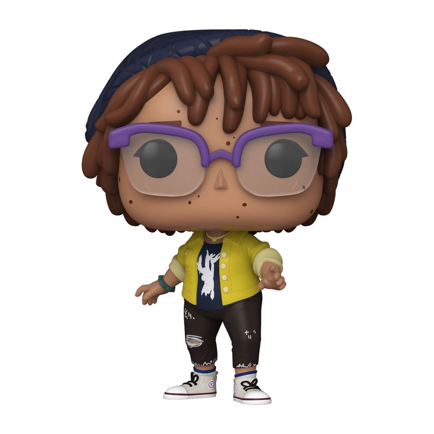 Figura Funko Pop di una persona con occhiali, giacca gialla e berretto.