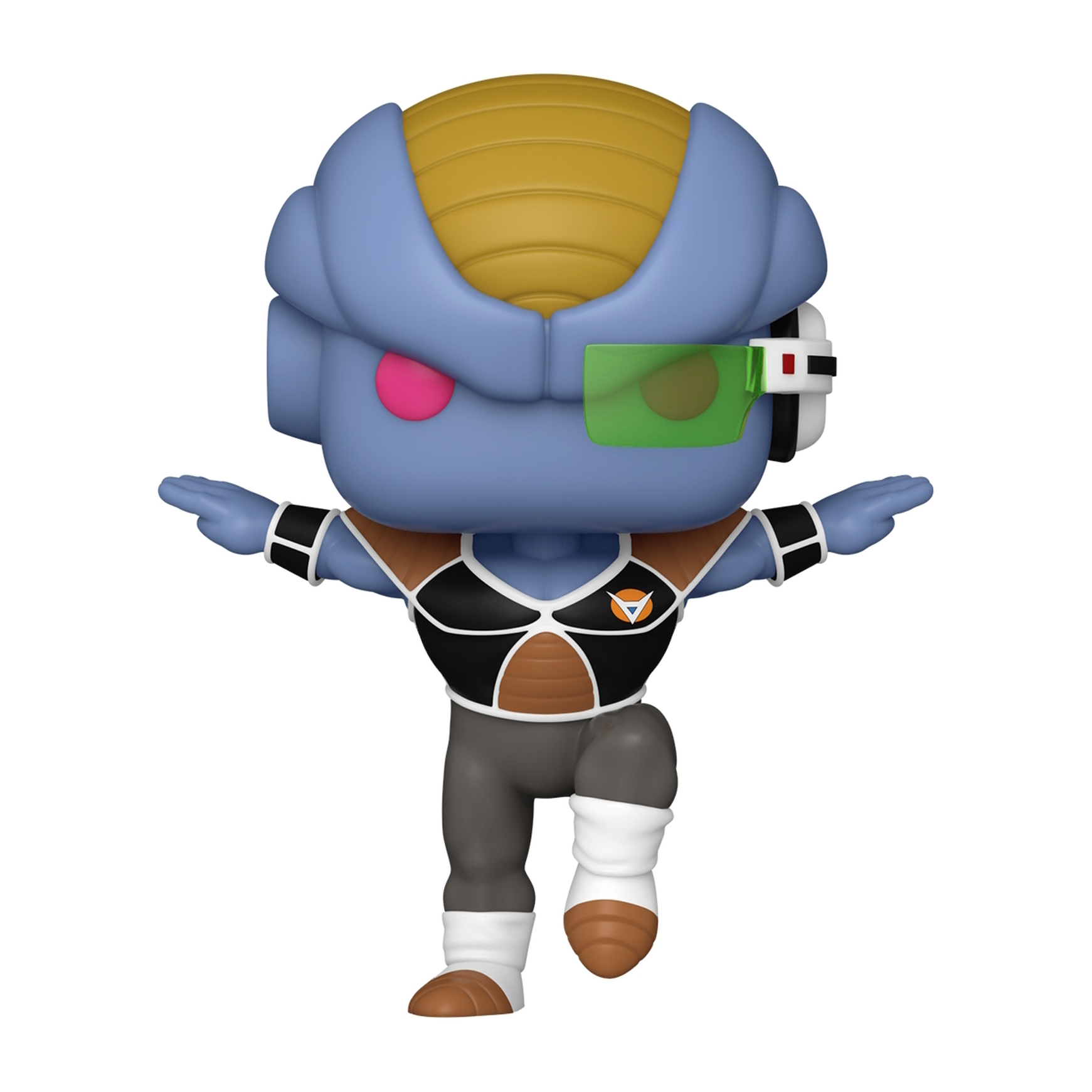 Eine Funko Pop Figur eines blauen Aliens mit gelbem Kopf und grünem Visier.