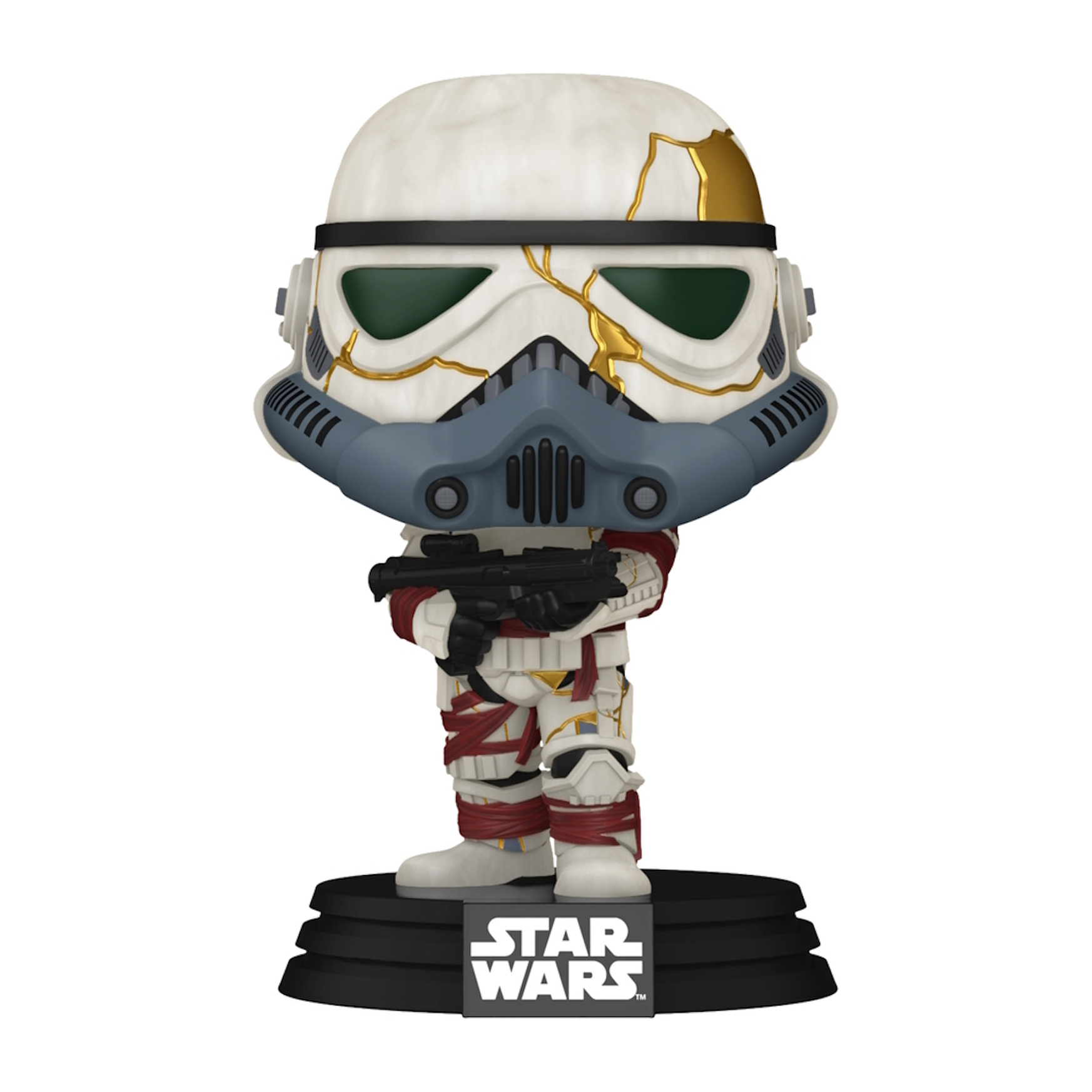 Figura di Stormtrooper di Star Wars. Armatura bianca con dettagli dorati. Base nera. Sfondo bianco.