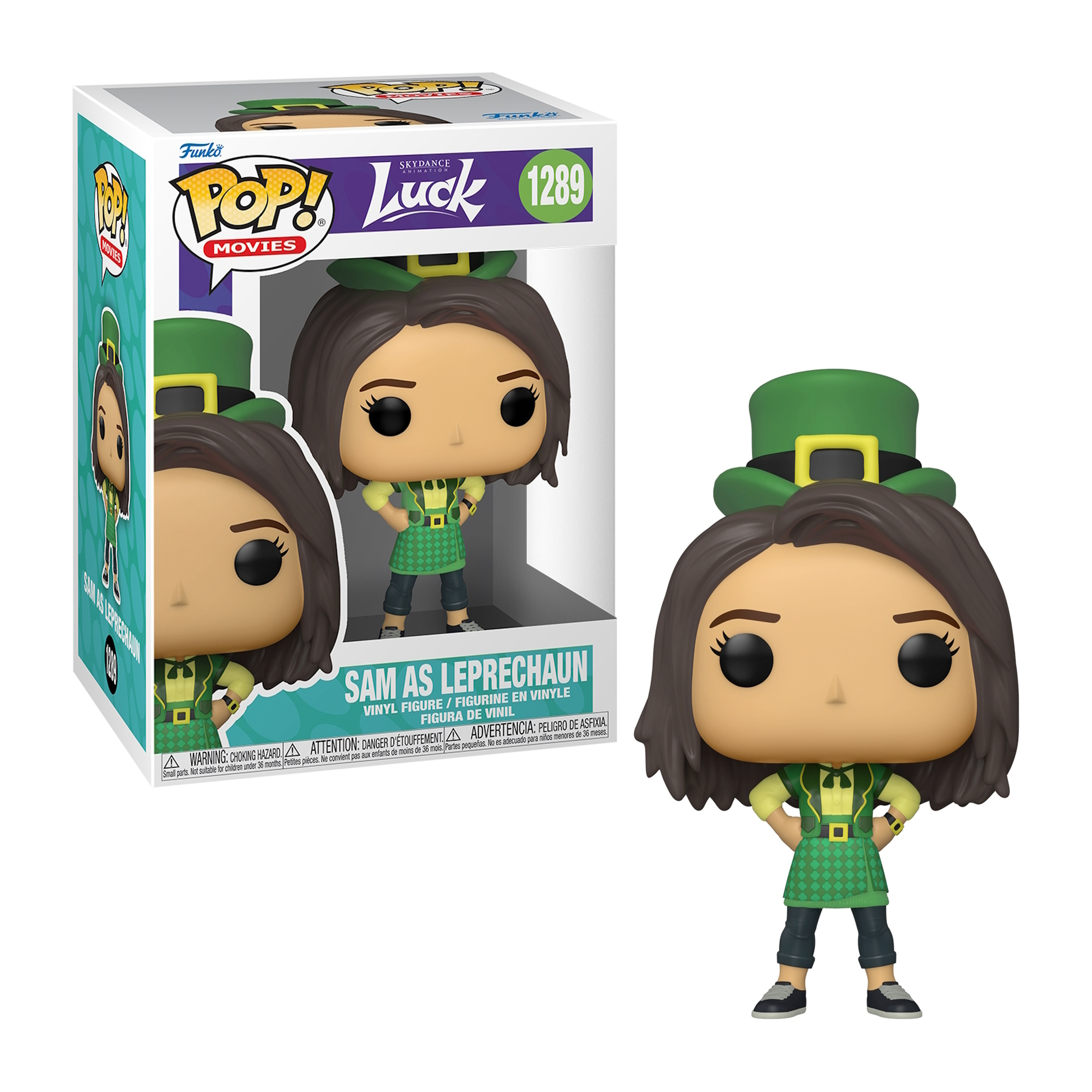 Figura Funko Pop di Sam nei panni di un leprecauno del film Luck, con scatola e figura in mostra.