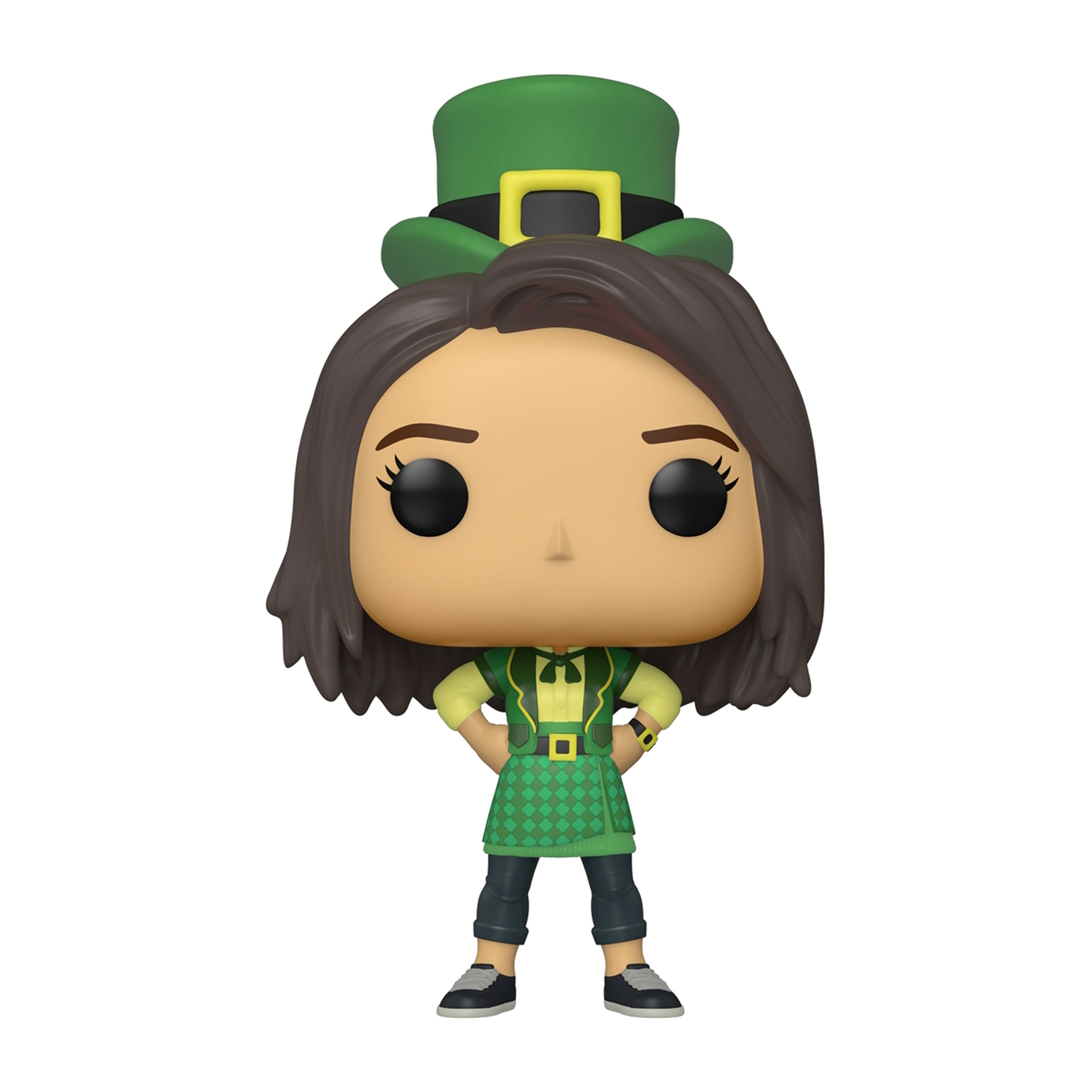 Una figura Funko Pop di una donna in verde, con un cappello verde. Sfondo bianco.