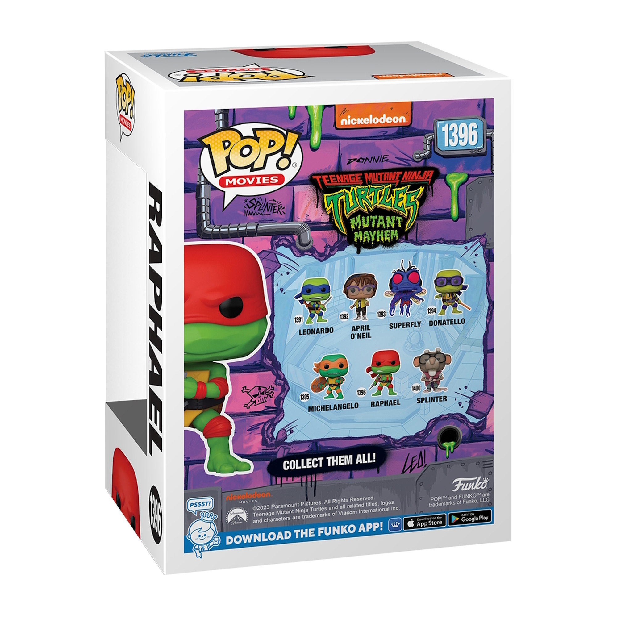 Caja de una figura Pop! de las Tortugas Ninja. Muestra el diseño de la figura y la alineación de personajes.