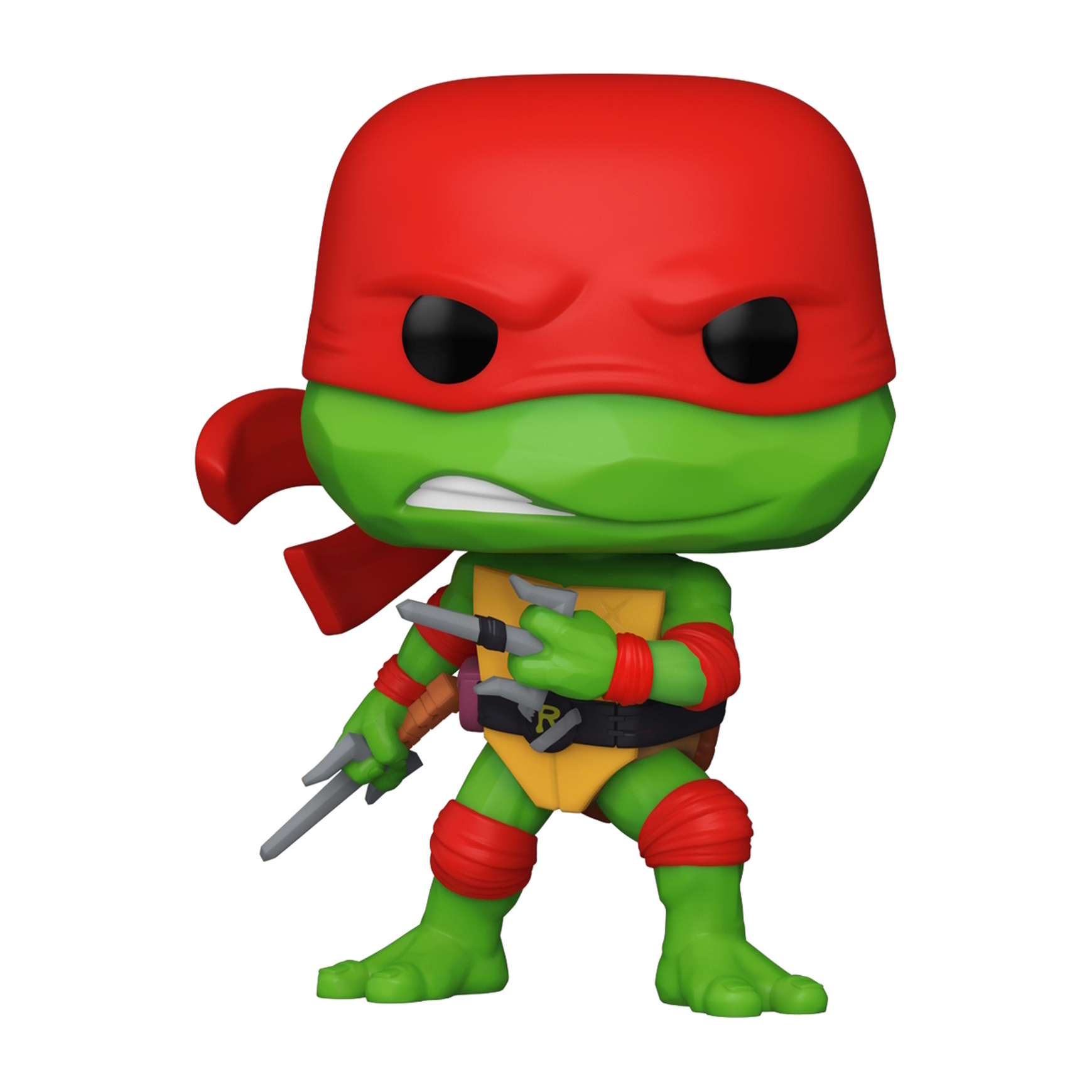 Funko Pop de una Tortuga Ninja Mutante Adolescente en rojo, sosteniendo armas con mueca.