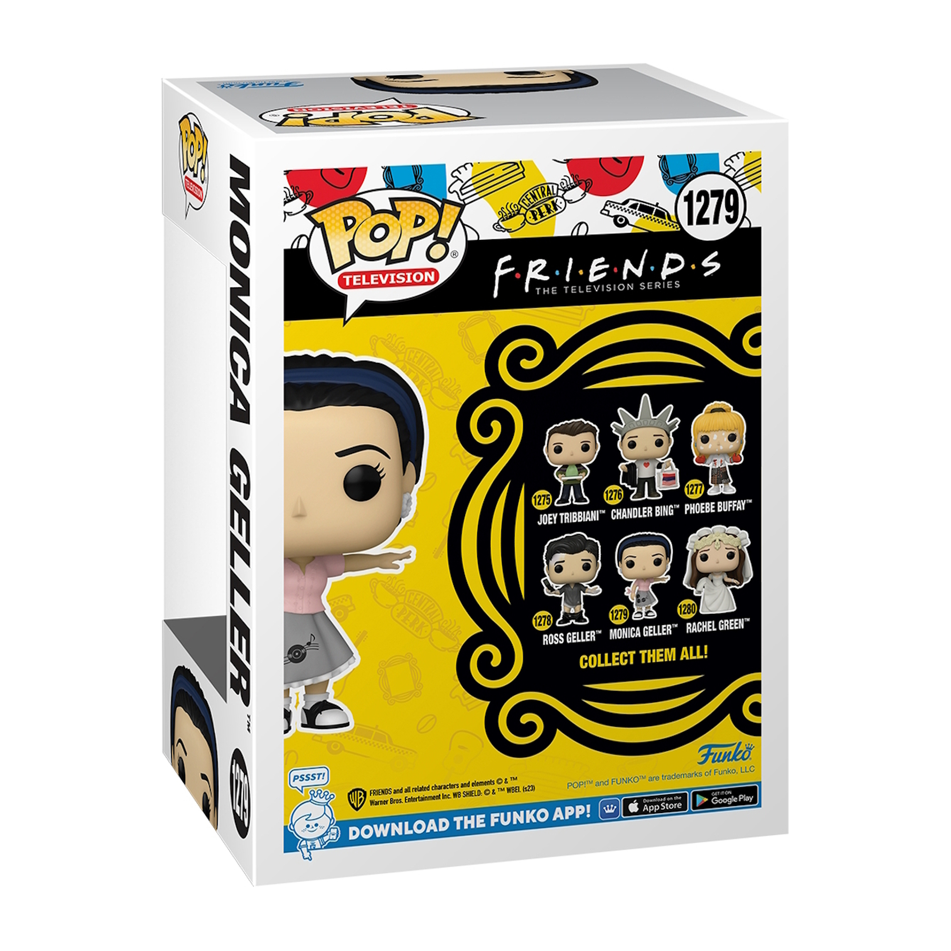 Scatola Funko Pop di Monica Geller di Friends, con immagini dei personaggi e il logo della serie.