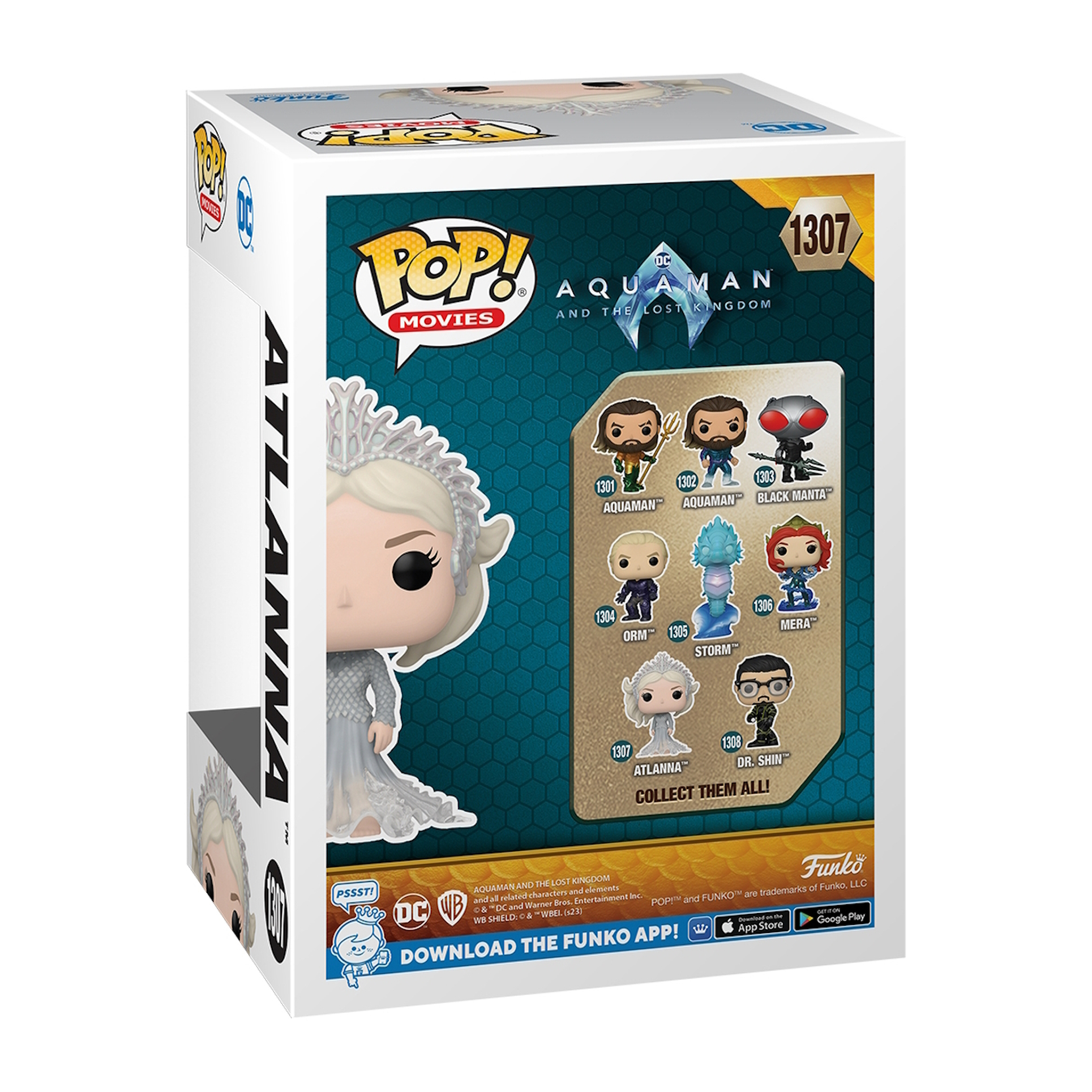 Scatola Funko Pop di Atlanna. La scatola mostra una statuetta e altri personaggi di Aquaman.