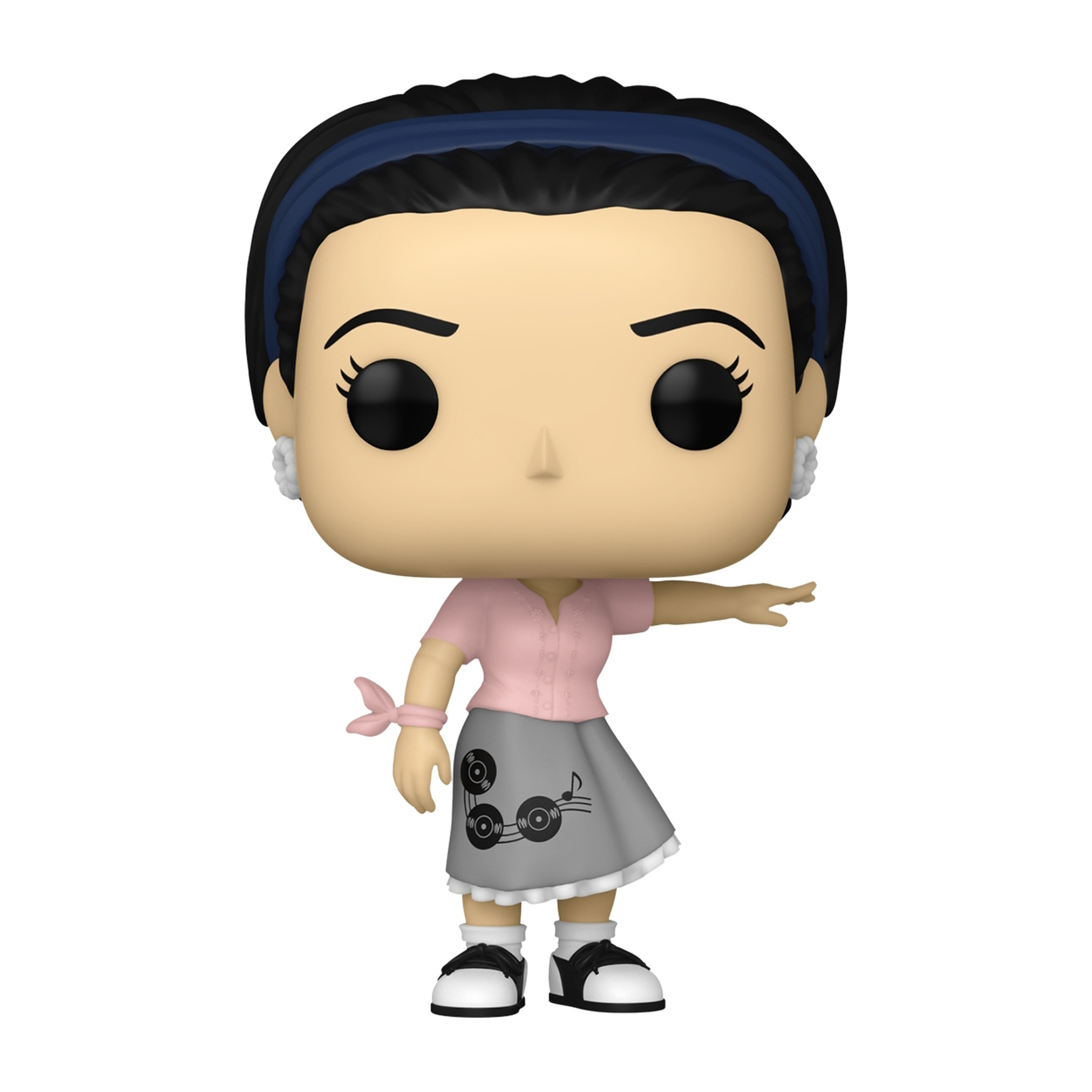 Funko Pop di una donna con un top rosa e una gonna grigia. Indossa una fascia blu.