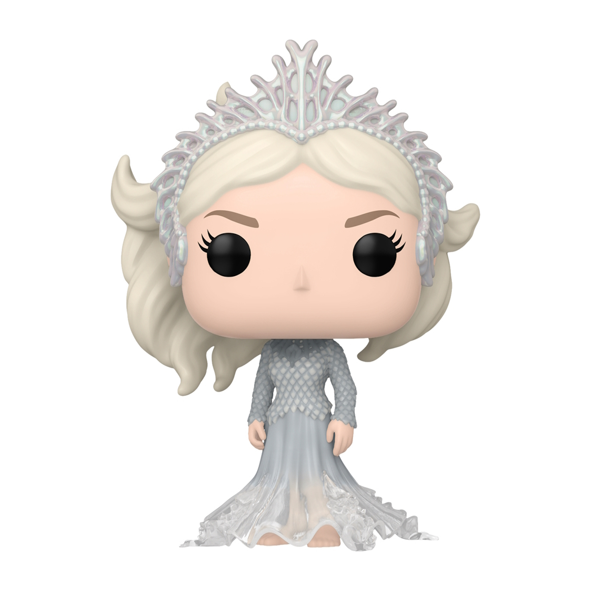 Funko Pop di una donna con una corona e un vestito argentati. I suoi capelli sono biondi. È su sfondo bianco.