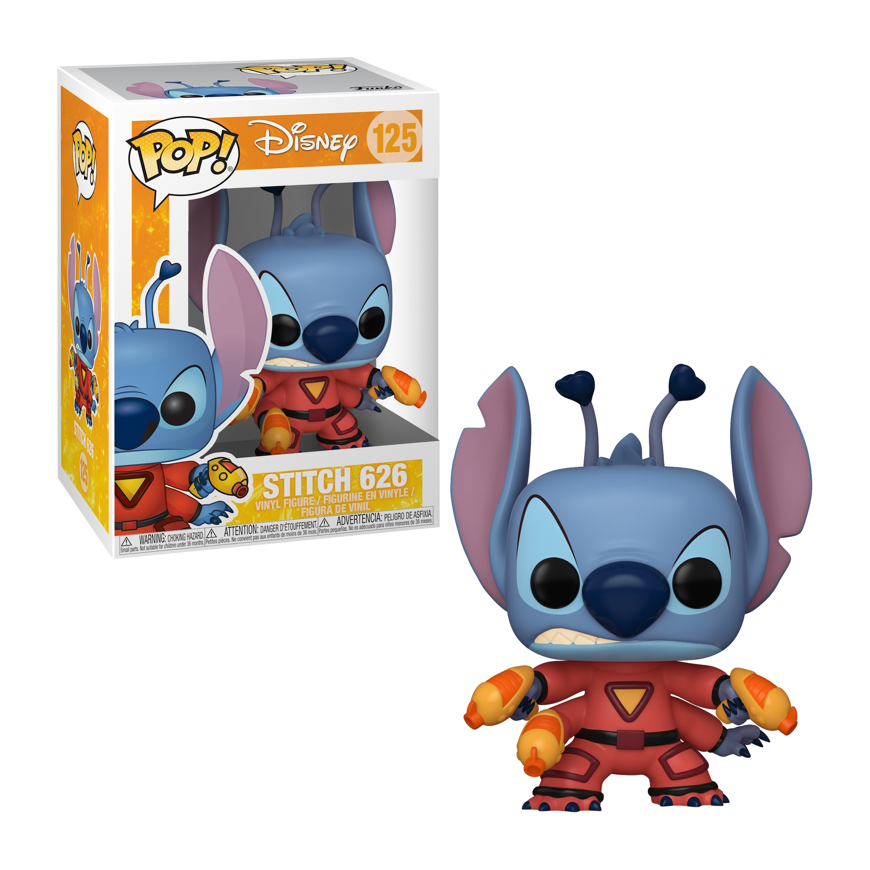 Figurka Stitch z pudełkiem. Figurka jest niebieska, czerwona i pomarańczowa. Pudełko jest żółte i białe.
