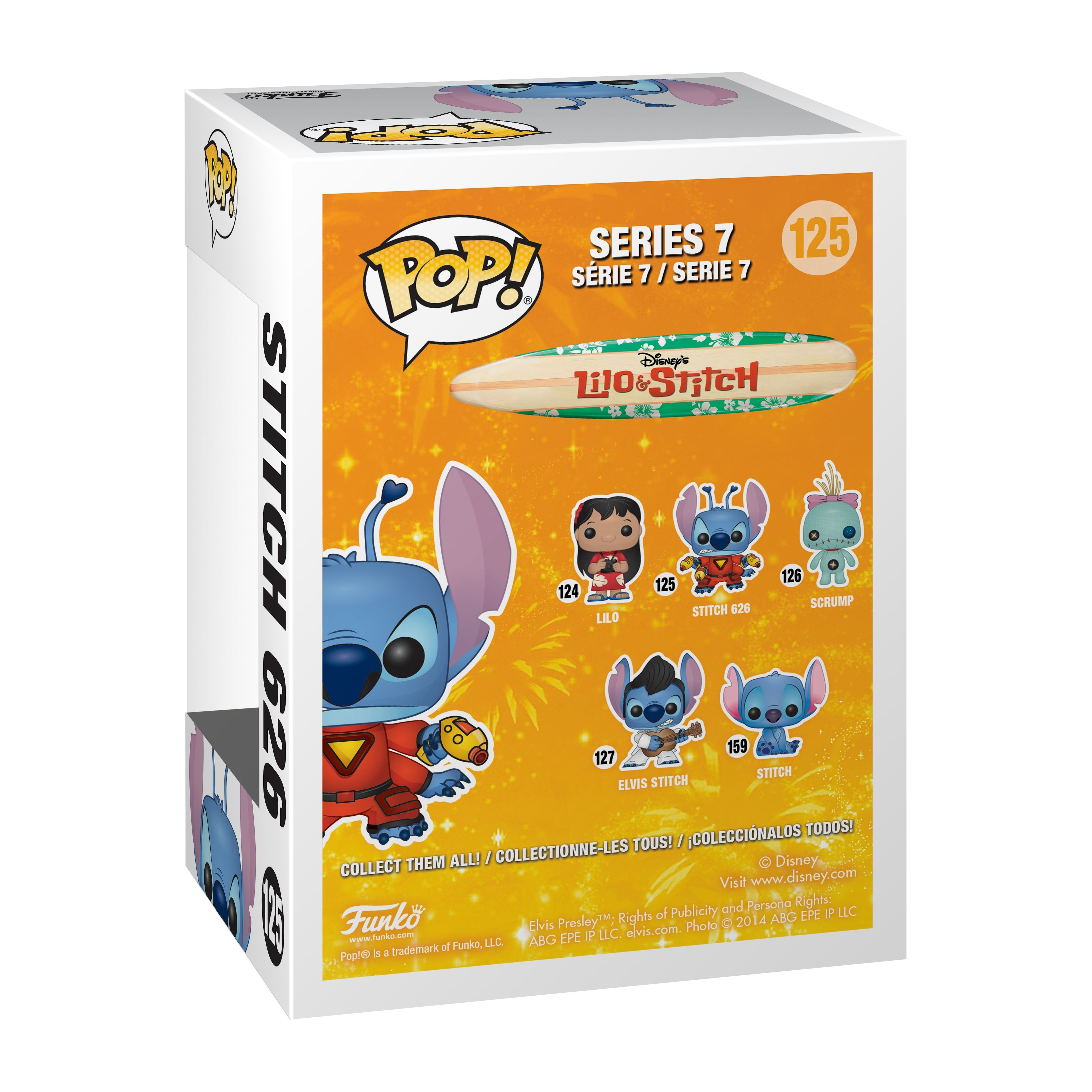 Tył pudełka Funko Pop dla Stitch 626, z figurkami Stitch i nazwami postaci.