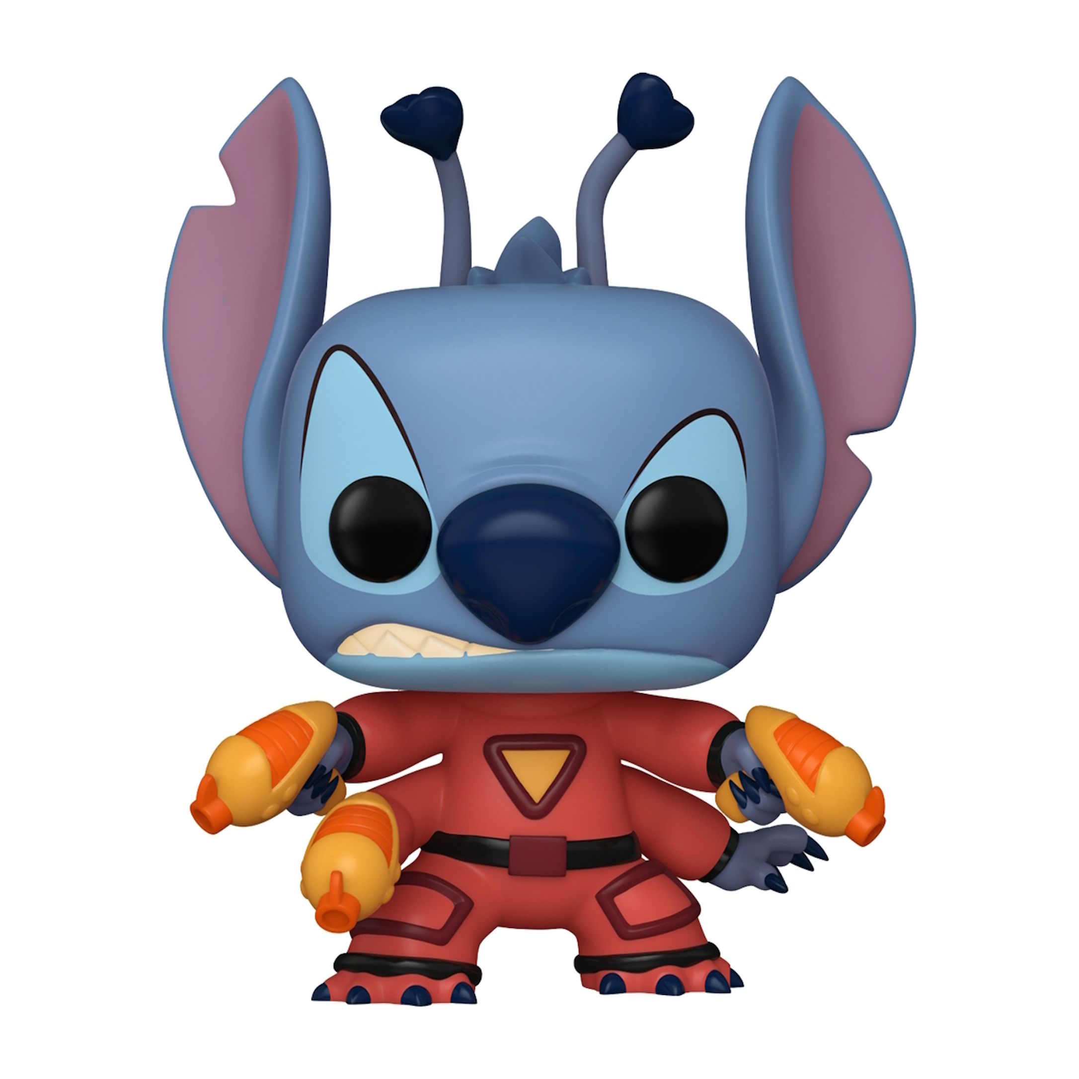 Figurka Funko Pop Stitch w czerwonym kombinezonie z pomarańczowymi blasterami.