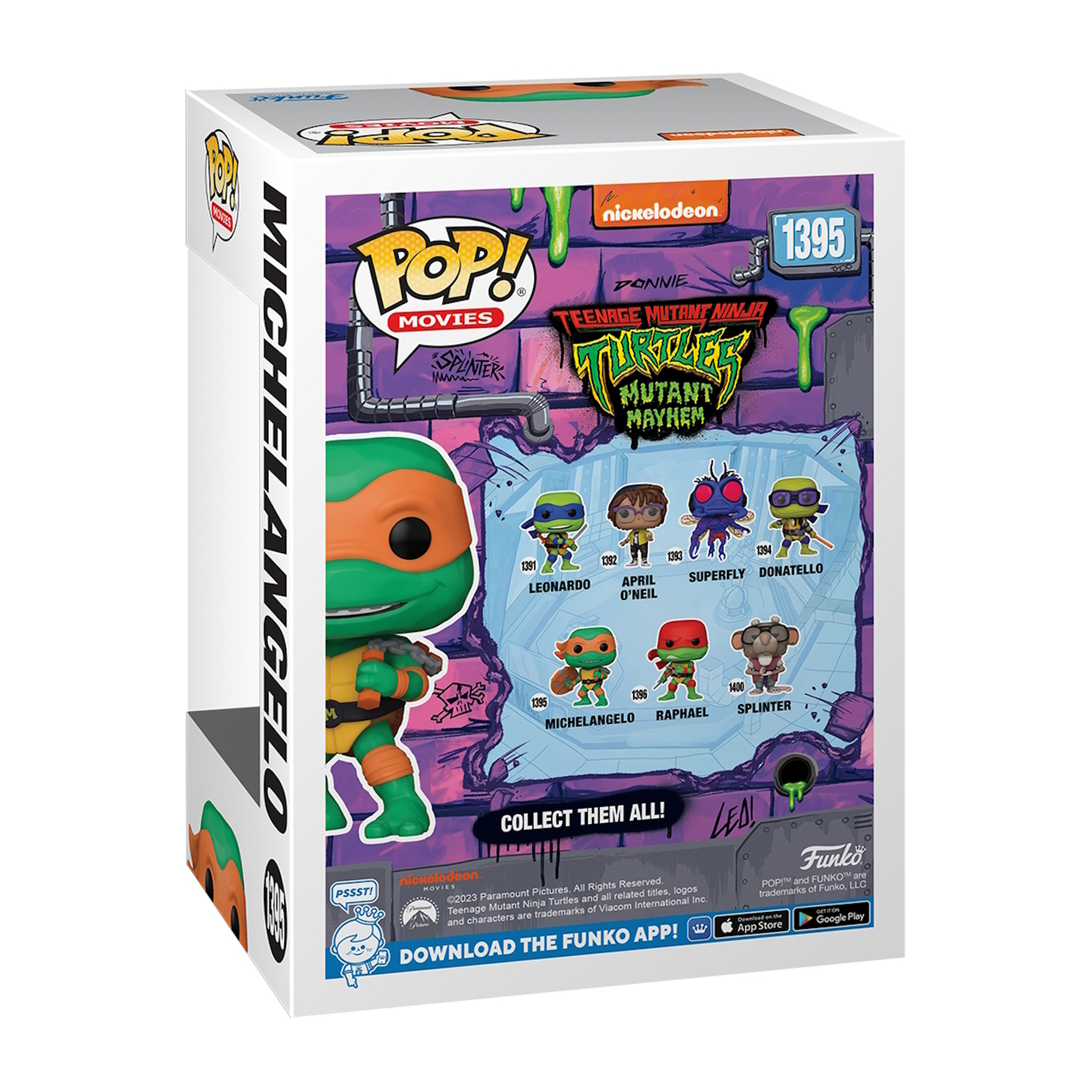 Caja de Michelangelo Teenage Mutant Ninja Turtles Funko Pop, con diferentes personajes.