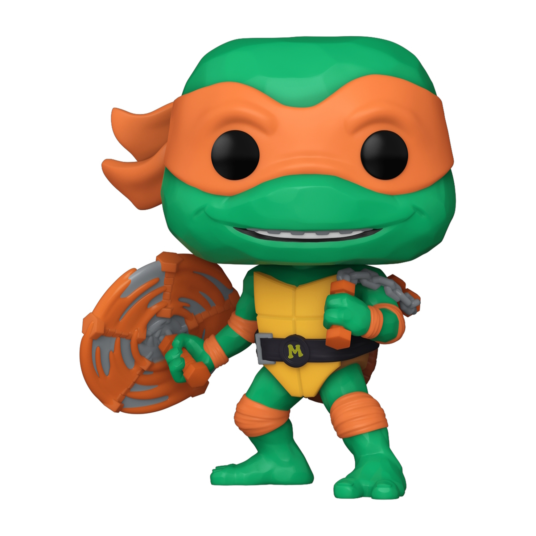 Figura Funko Pop de Miguel Ángel. Piel verde, máscara naranja, con un arma. Fondo blanco.