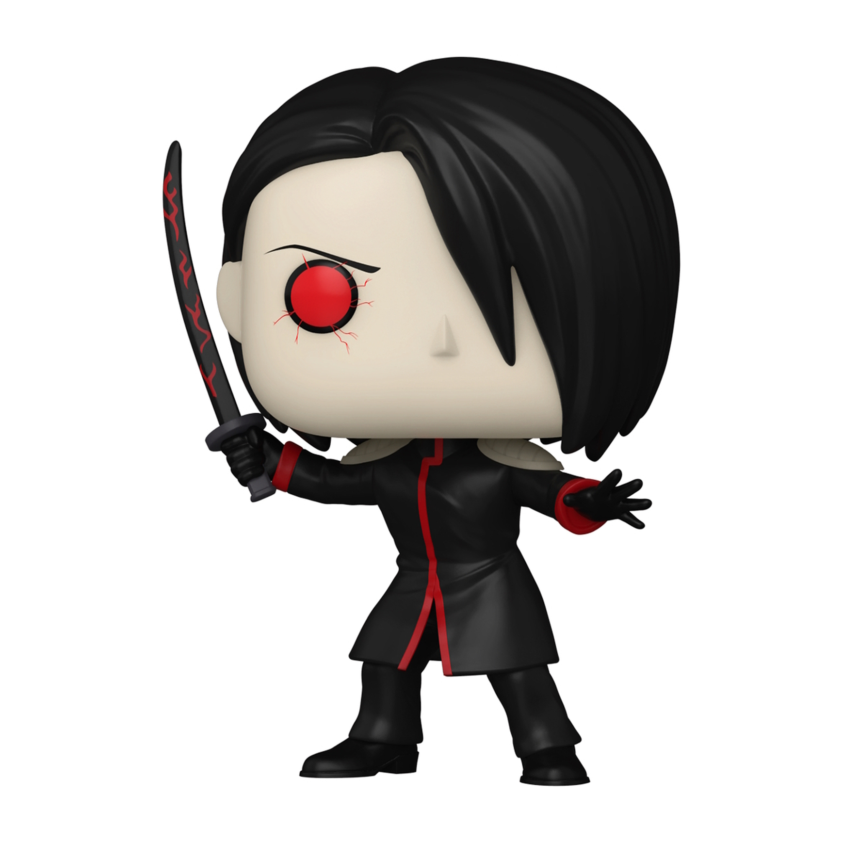 Funko Pop Figur mit schwarzen Haaren, roten Augen und einem schwarzen Outfit, das ein rotes Schwert hält.