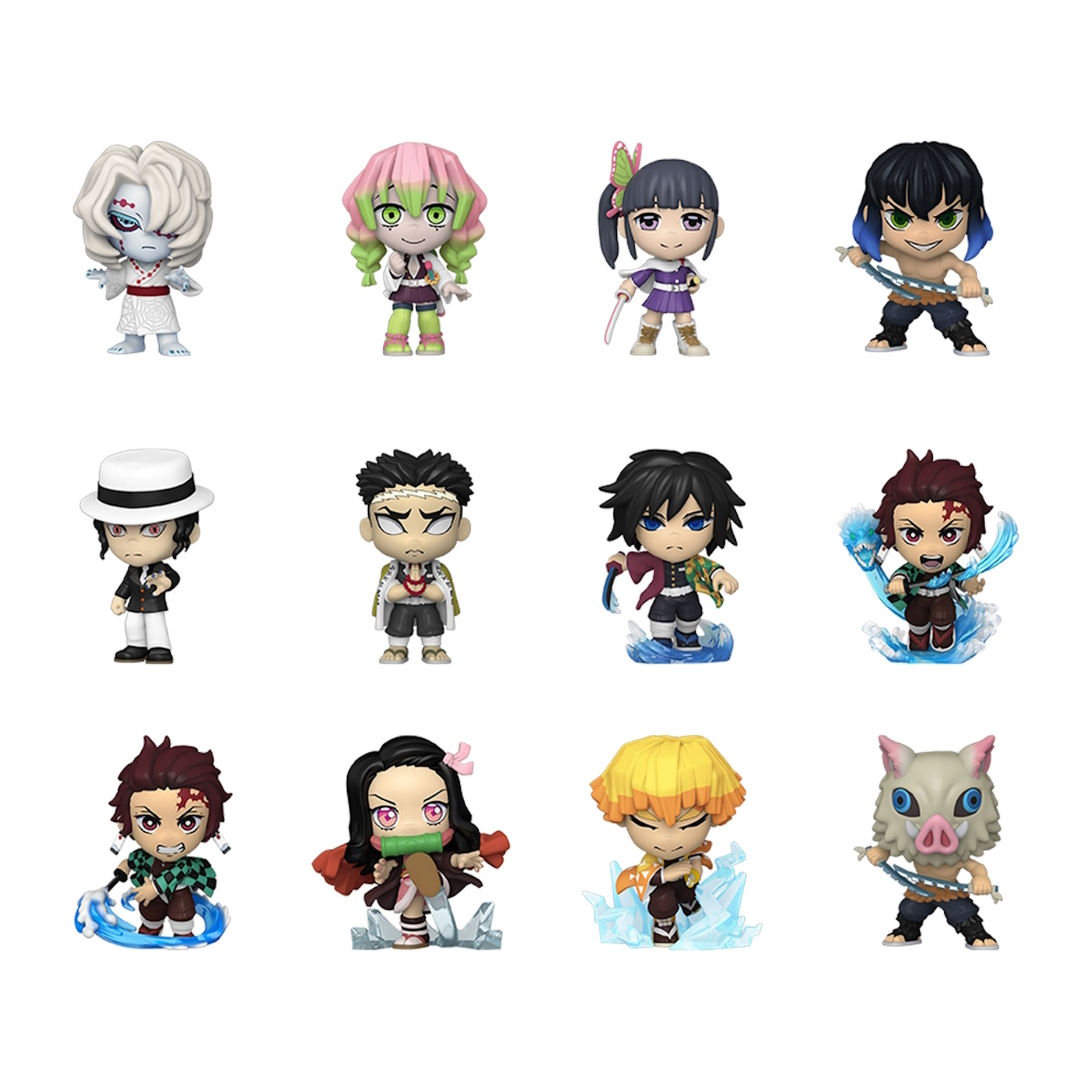 Zwölf Figuren im Chibi-Stil von Demon Slayer. Unterschiedliche Designs auf weißem Hintergrund.