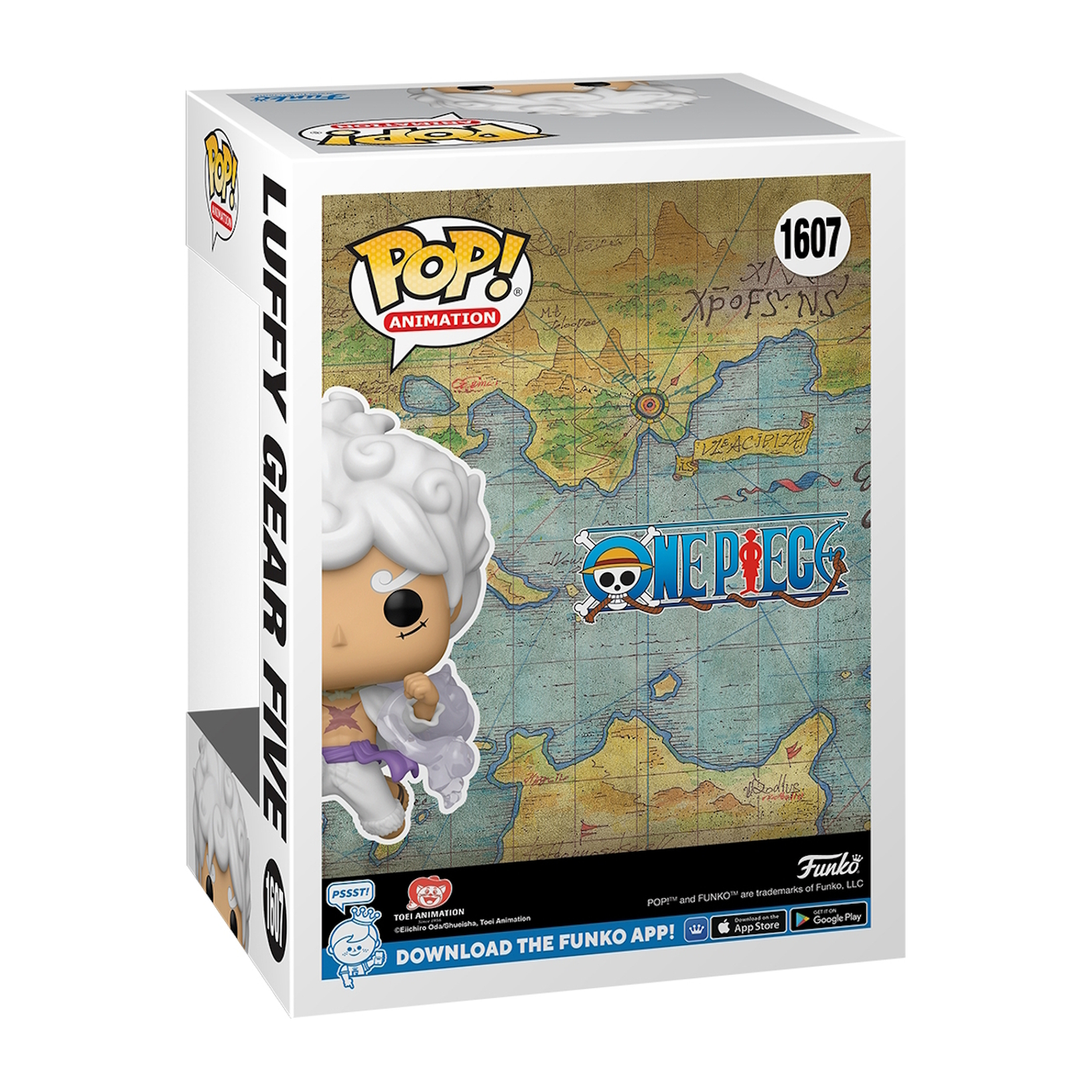 Una caja Funko Pop de Luffy Gear Five, con un mapa y el logo de One Piece en la parte trasera.