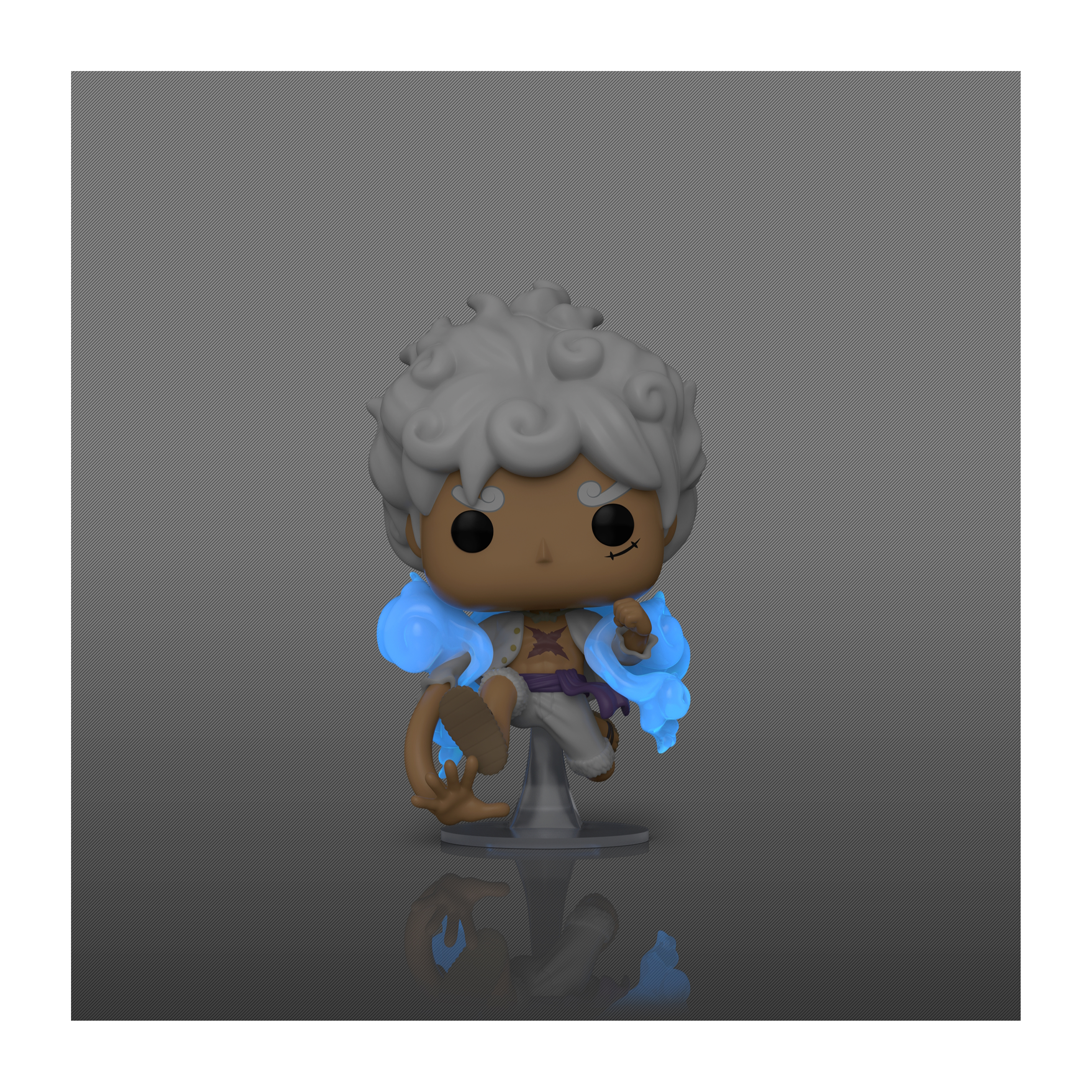 Figura brillante de un personaje de dibujos animados, con cabello blanco y aura azul.