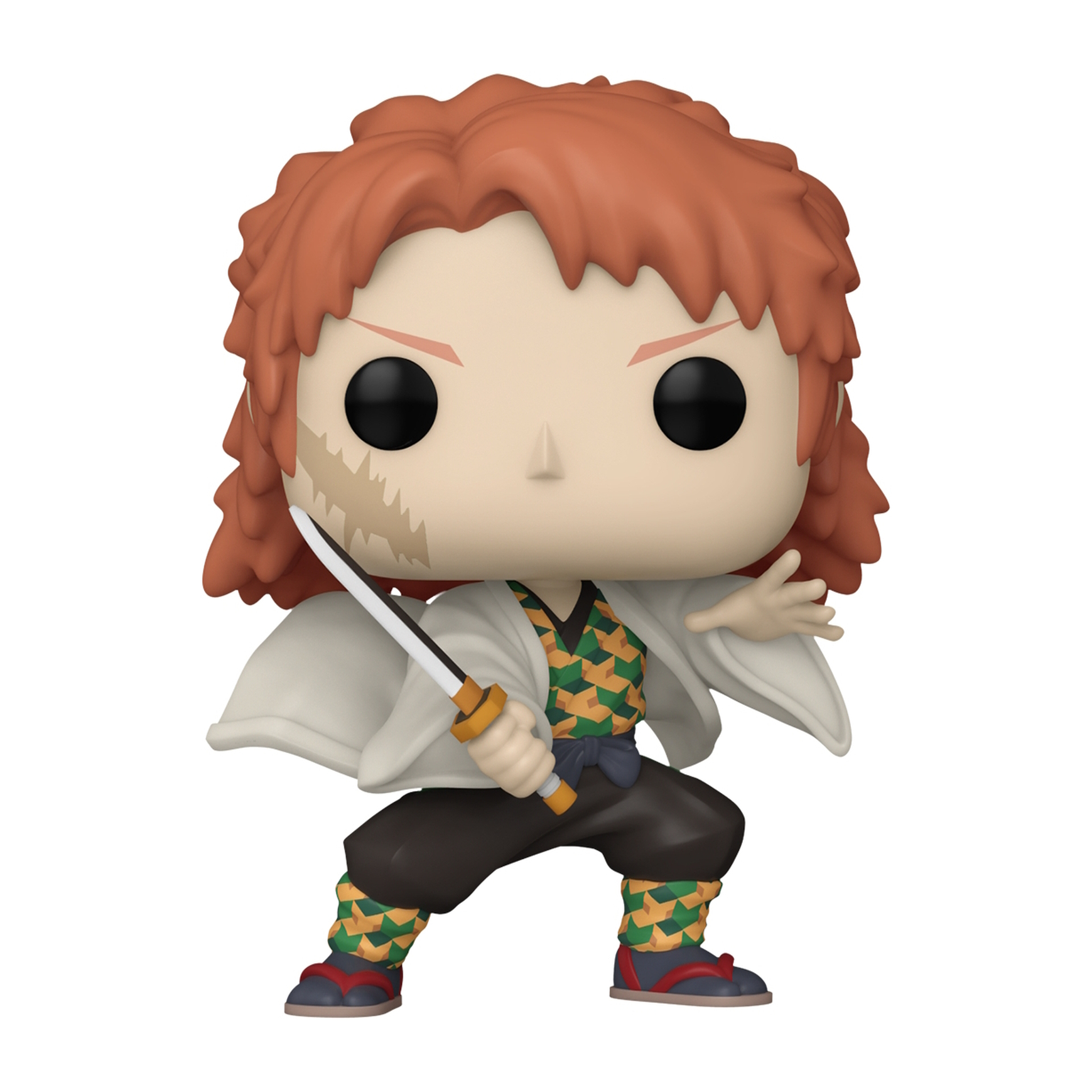 Figura Funko Pop de Tanjiro Kamado. Cabello rojo, sosteniendo una espada, con abrigo blanco y atuendo estampado.